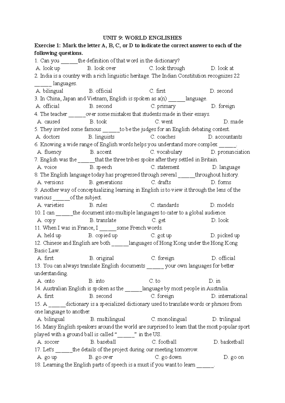 LỚP 9 - UNIT 9 - BÀI TẬP BỔ TRỢ: WORLD ENGLISHES Exercises - Studocu