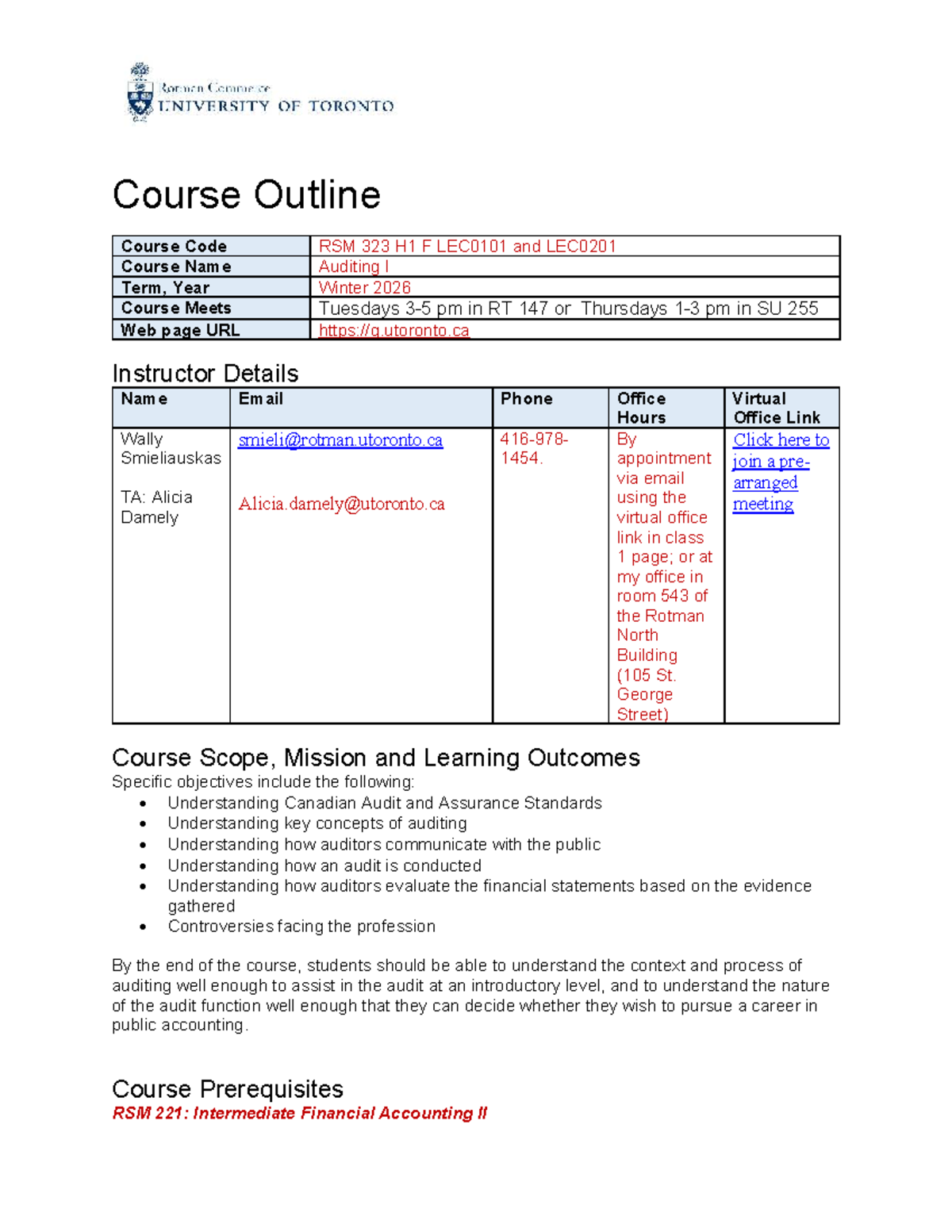 RSM 323 H1 F - Auditing I Course Outline Winter 2026 - Studocu