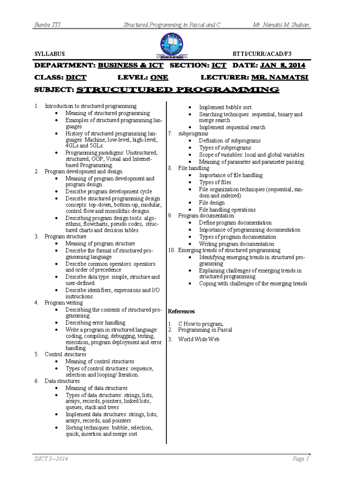 Bumbe TTI Structured Programming in Pascal and C: Comprehensive Notes ...