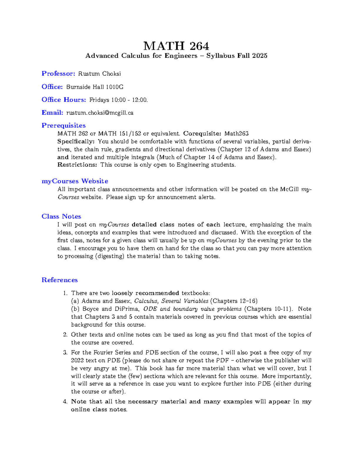 MATH 264 Syllabus: Advanced Calculus for Engineers - Fall 2025 - Studocu
