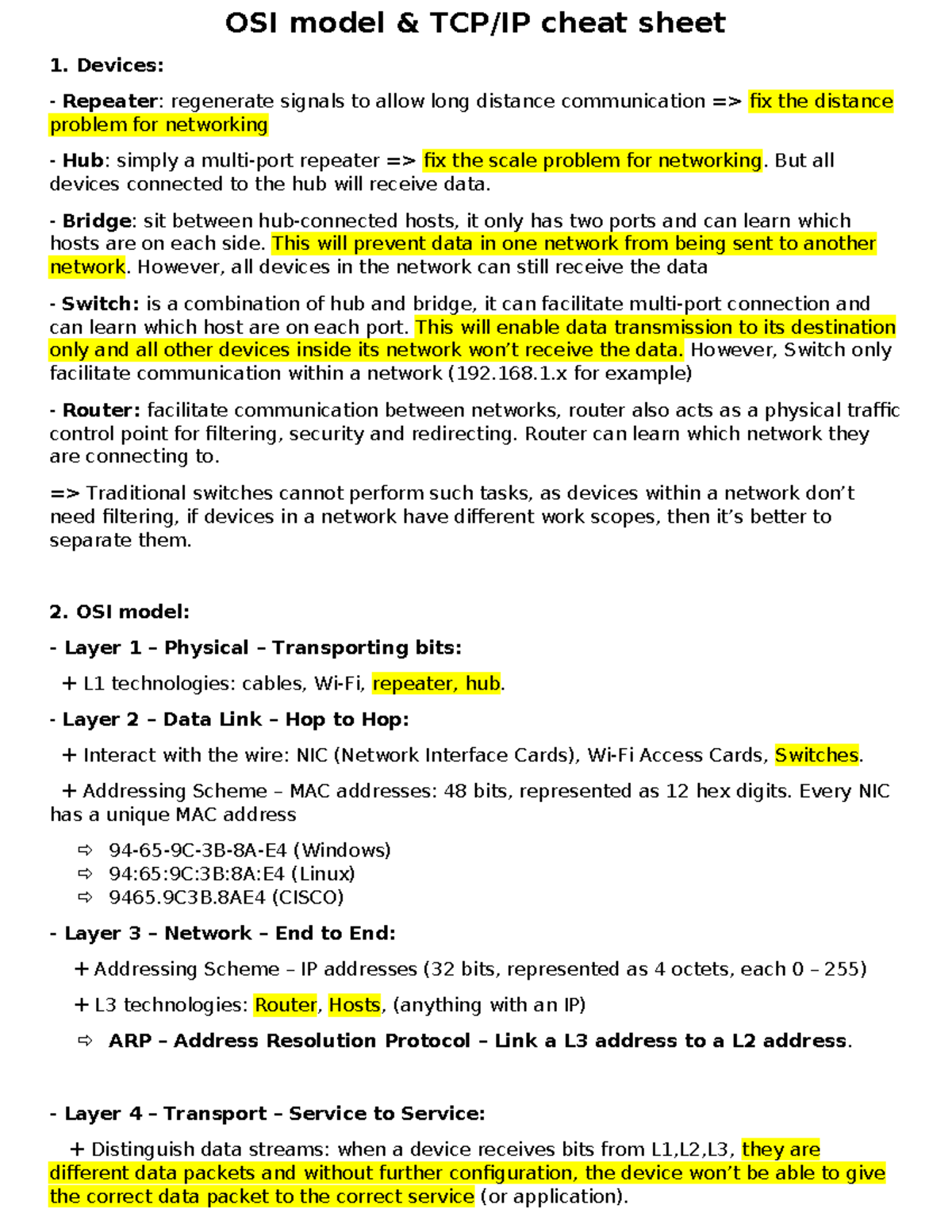 IP cheat sheet - OSI model & TCP/IP cheat sheet Devices: Repeater ...