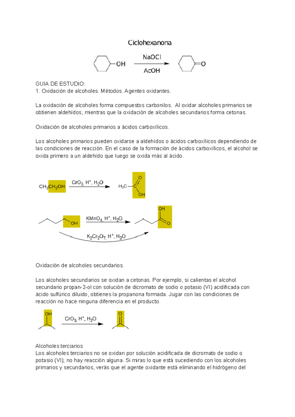 Ciclohexanona - Guía de Estudio sobre Oxidación de Alcoholes - Studocu
