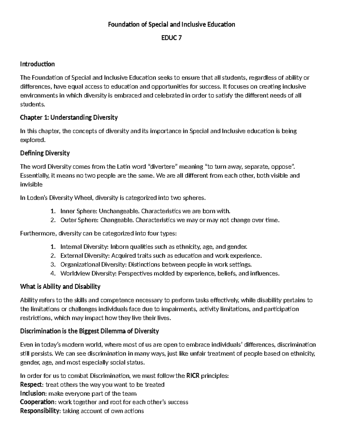 Foundations of Special & Inclusive Education: EDUC 7 Notes & Qs - Studocu