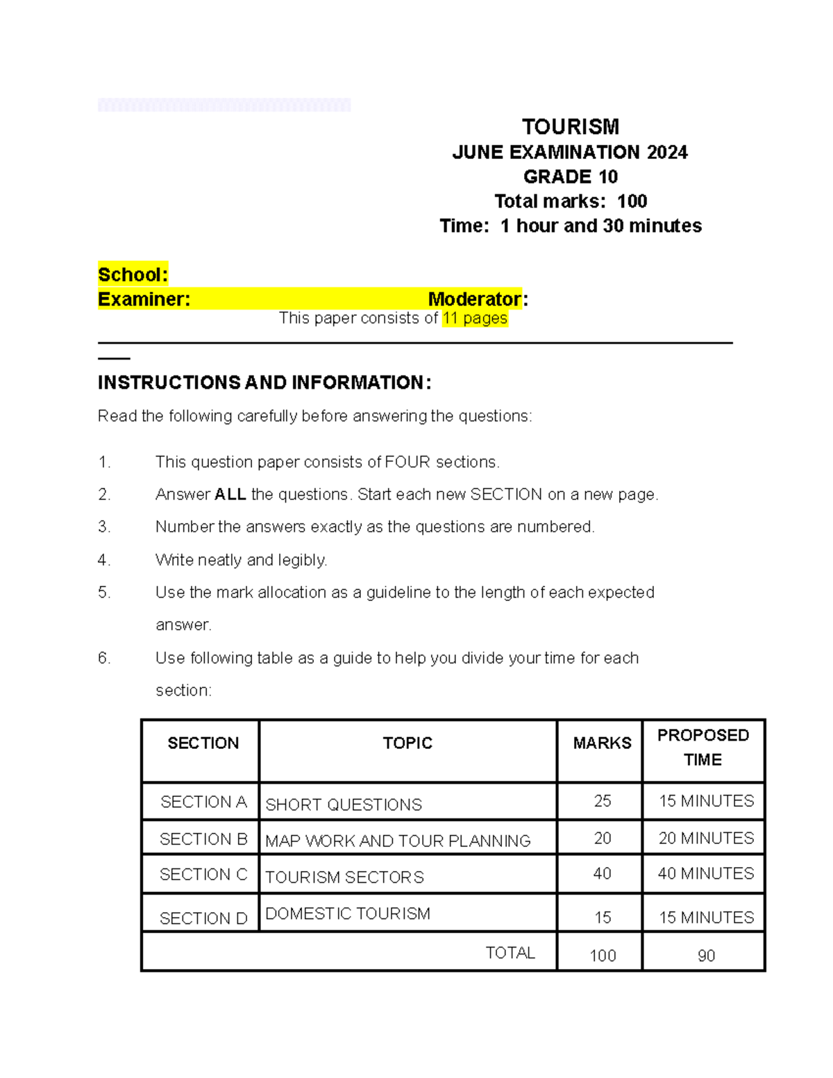 Tourism Grade 10 June Exam Paper 2024 - Total Marks: 100 - Studocu