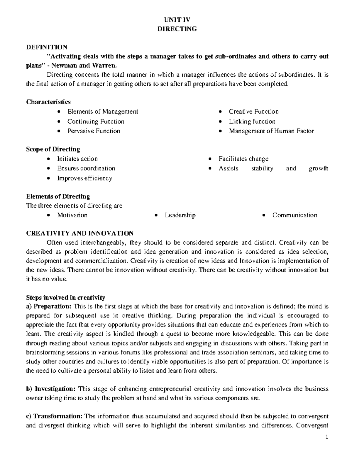 POM UNIT IV - Grade: 7 - UNIT IV DIRECTING DEFINITION "Activating deals ...