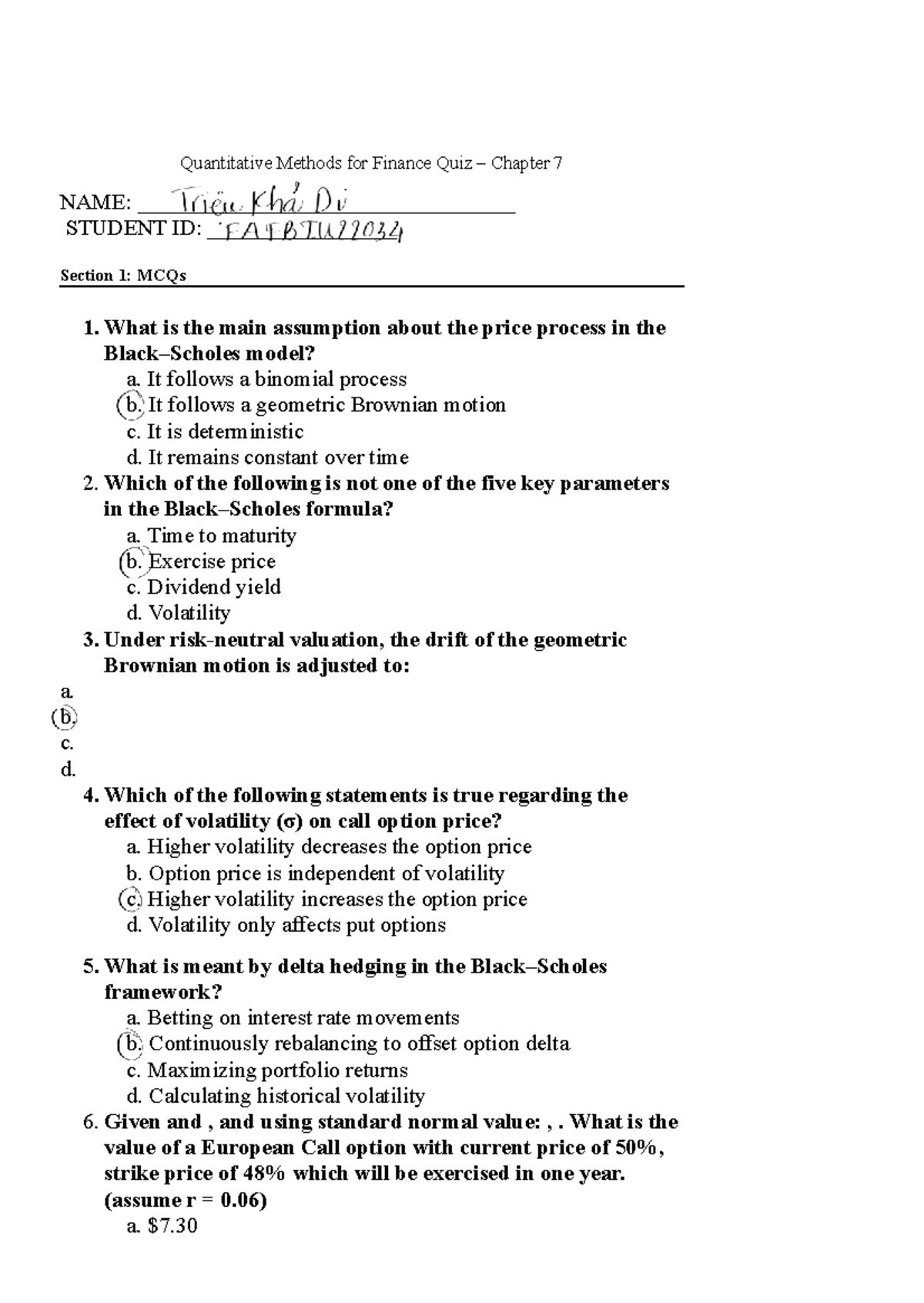 Quantitative Methods for Finance Quiz - Chapter 7 Analysis - Studocu