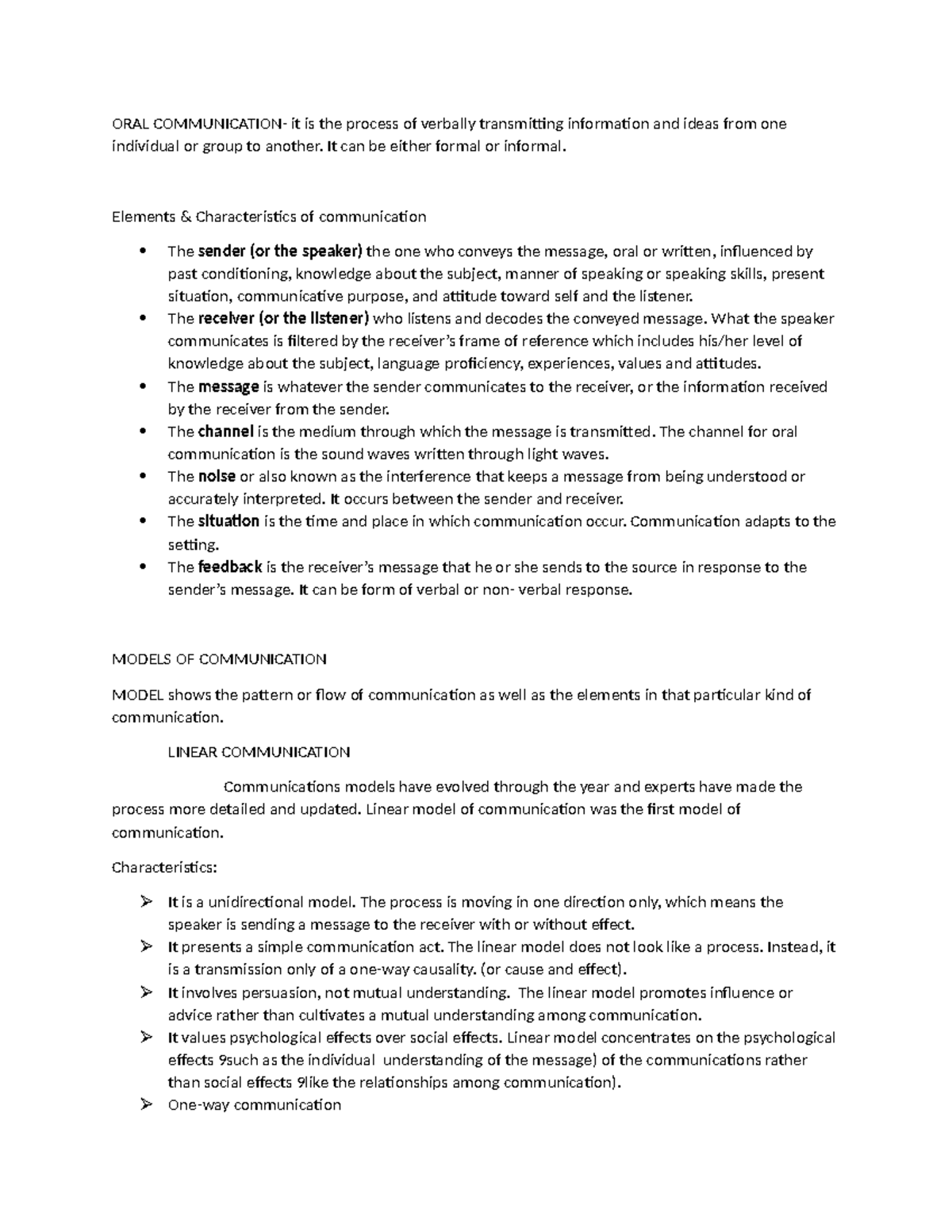 Oral communication (notes) - ORAL COMMUNICATION- it is the process of ...