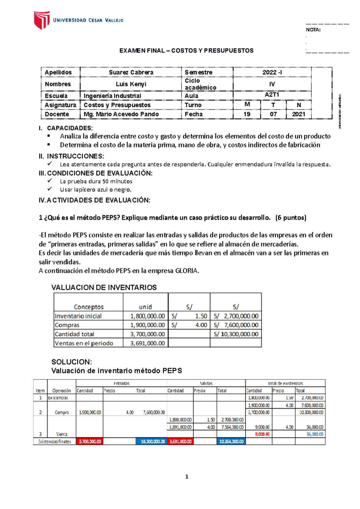 Examen Final - Costos y Presupuestos - Aula A2 - Ciclo IV - Studocu