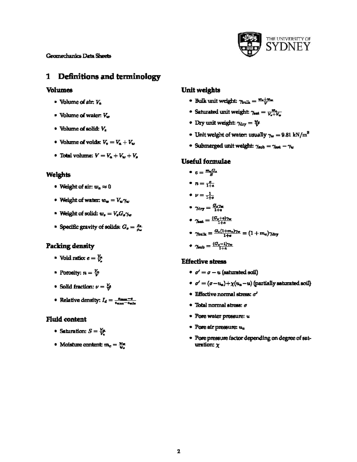 CIVL2410 Geomechanics Formula Sheet: Definitions & Terminology - Studocu