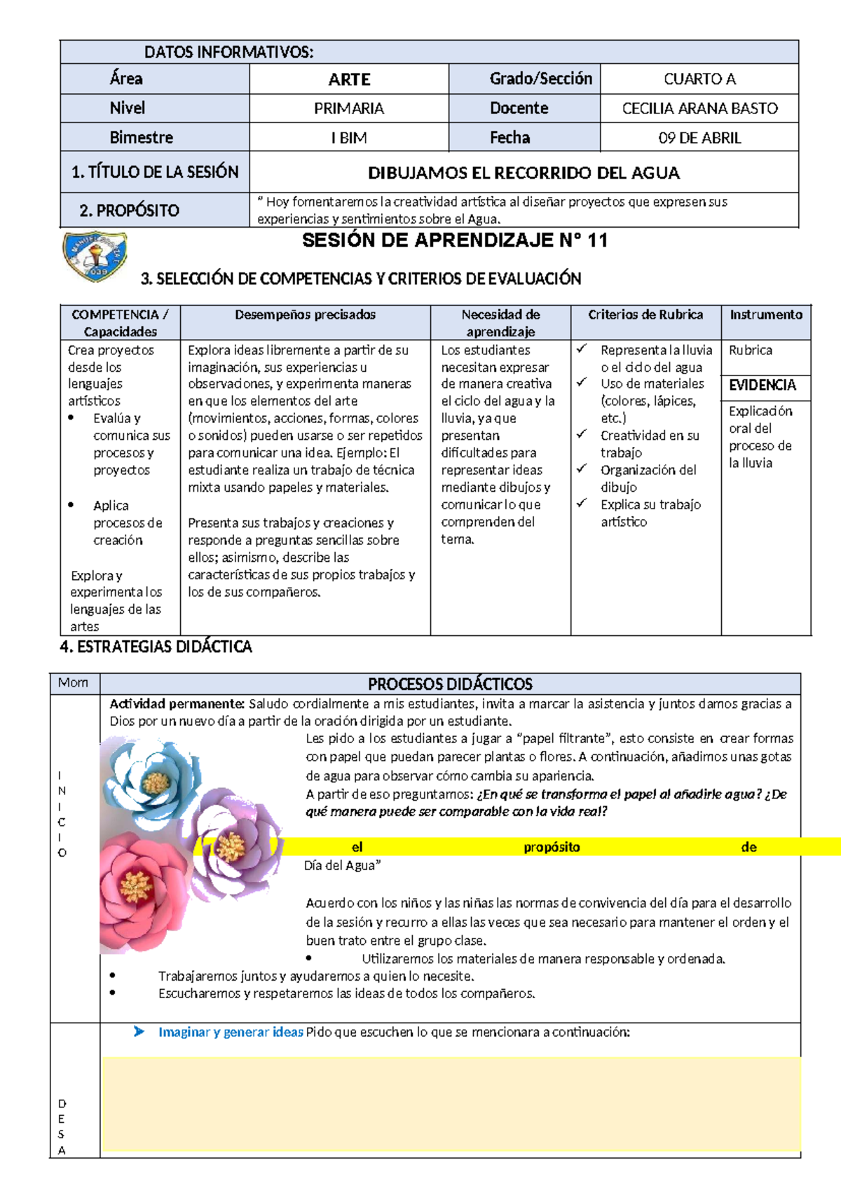 10ARTE - Sesión de Aprendizaje: Dibujo del Ciclo del Agua - Studocu