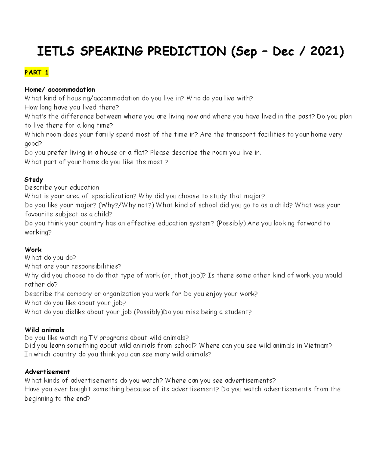 IELTS Speaking Prediction Update (Oct 2021) - Part 1 Insights - Studocu