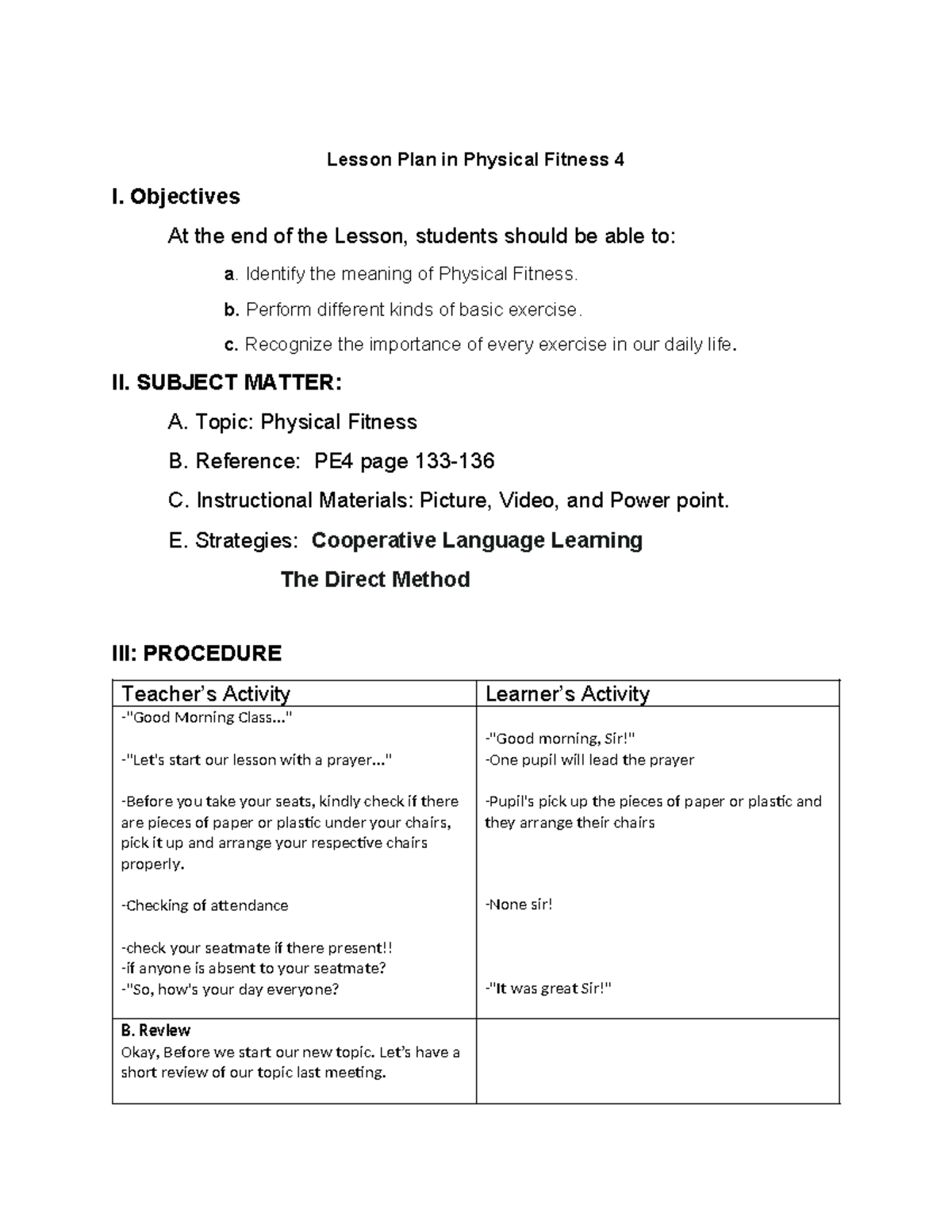 Lesson Plan: PE 4 - Understanding Physical Fitness Concepts and ...