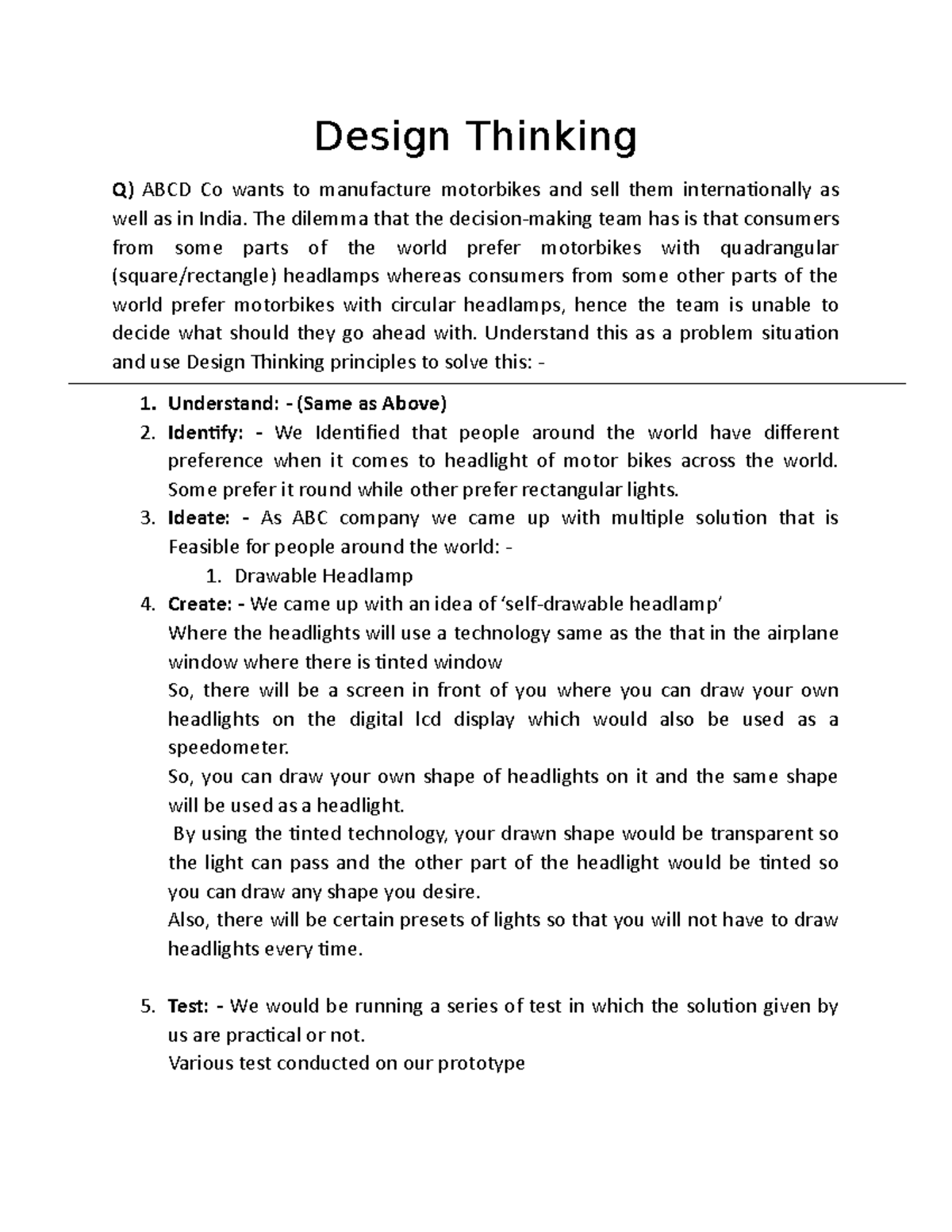 Design Thinking - xxxxx - Design Thinking Q) ABCD Co wants to ...