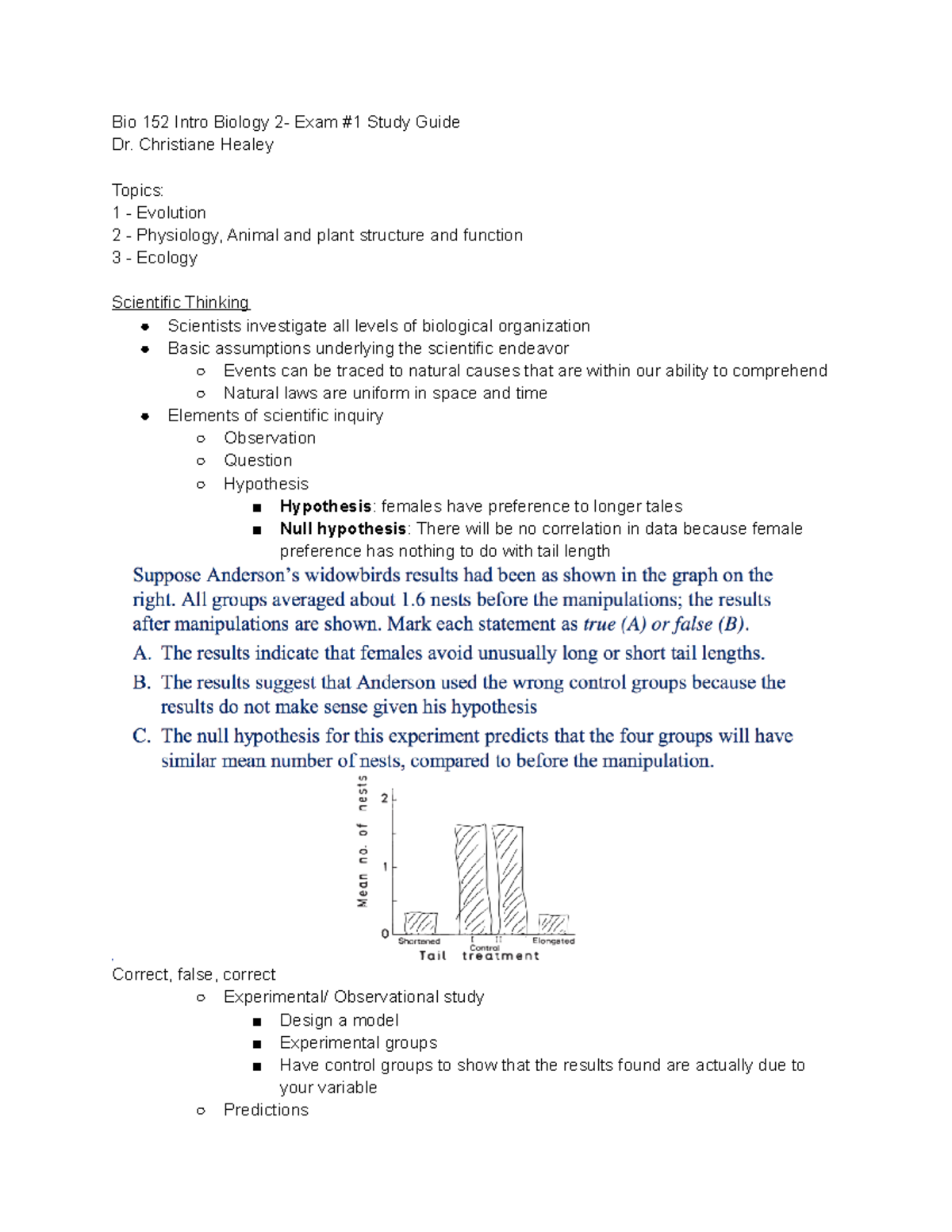 Exam 1 Study Guide - Bio 152 Intro Biology 2- Exam #1 Study Guide Dr ...