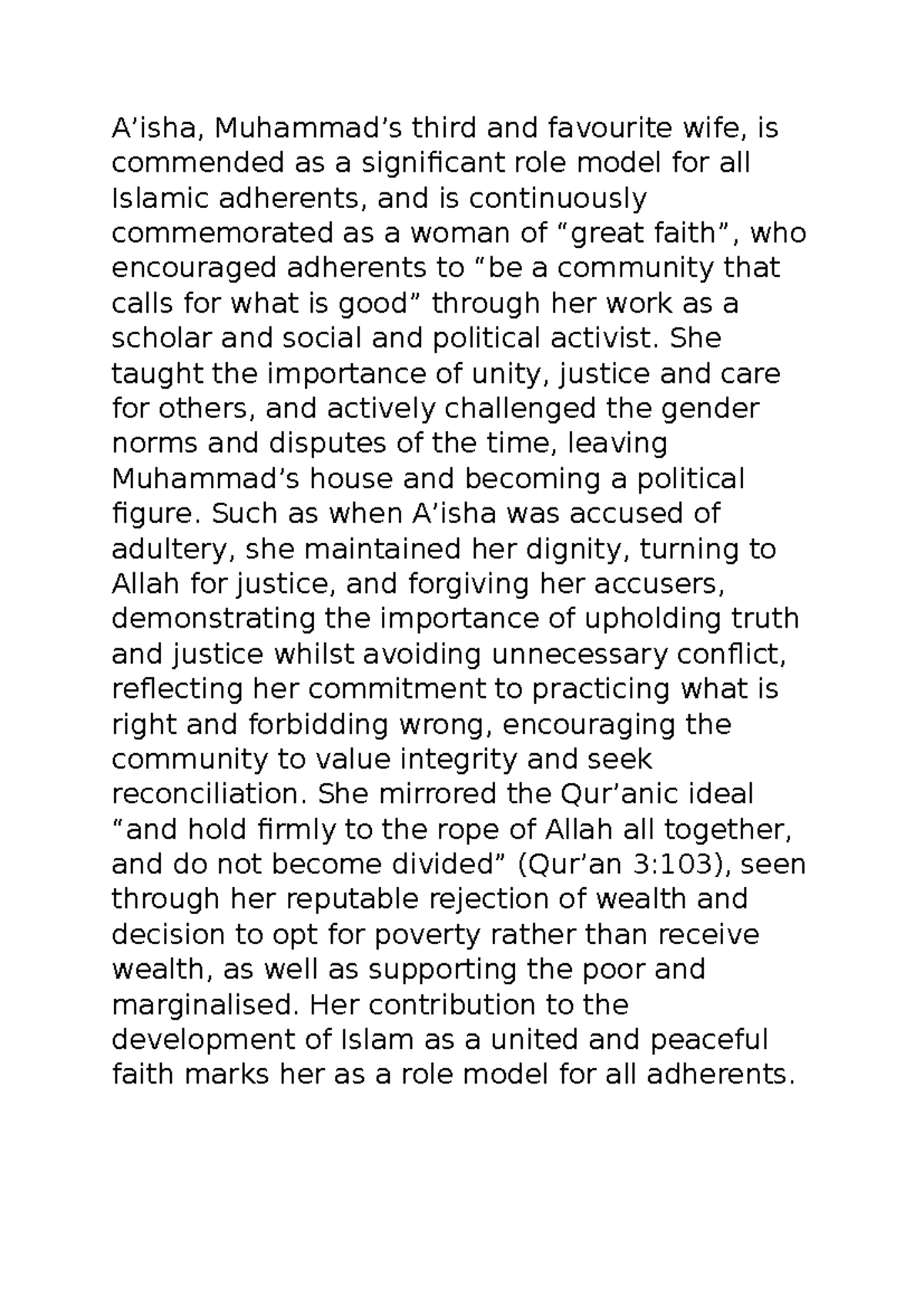 A'isha Short Answer - A’isha, Muhammad’s third and favourite wife, is ...