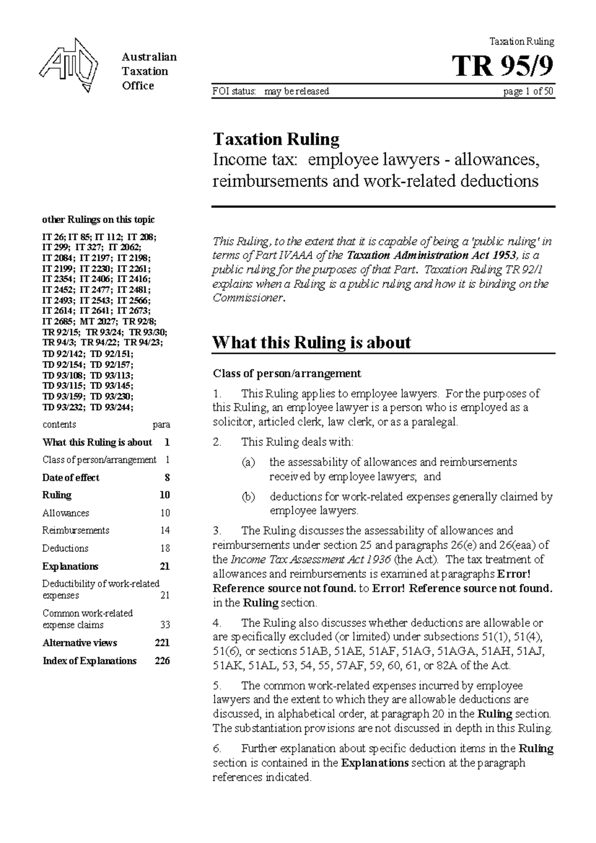 Taxation Ruling TR 95/9: Employee Lawyers Deductions & Reimbursements ...