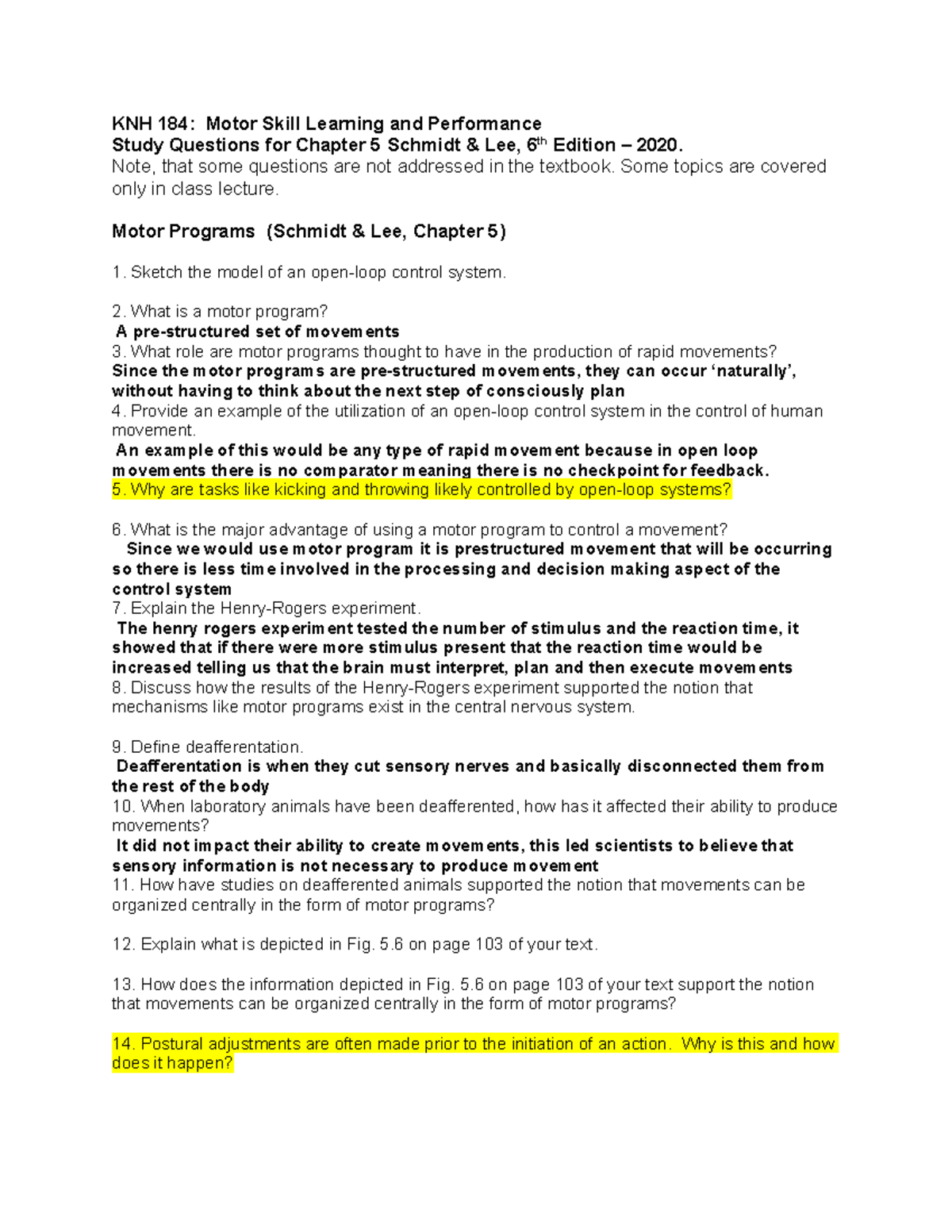 KNH 184 Chapter 5 Study Questions on Motor Skill Learning and ...