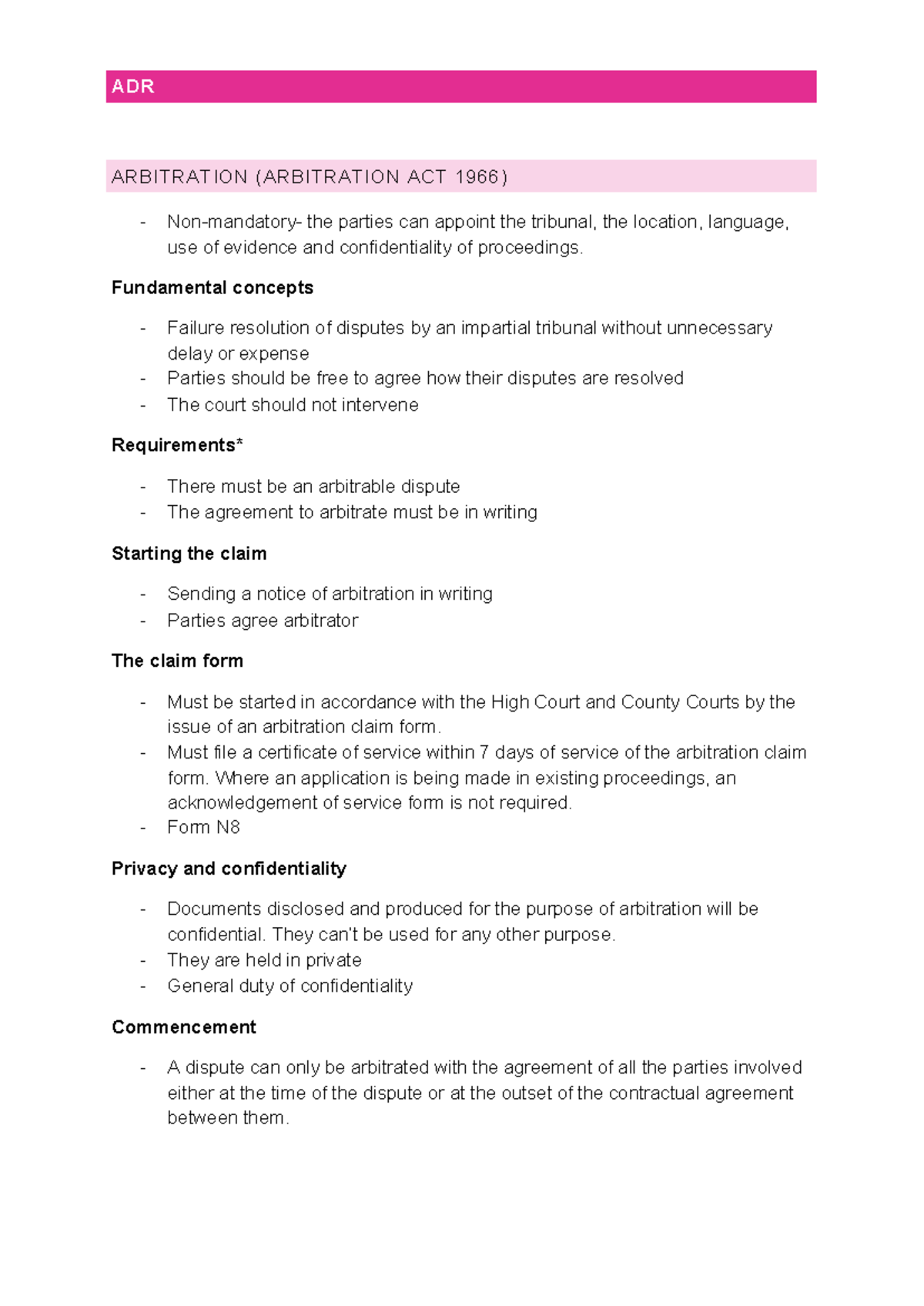 ADR Arbitration Notes (ARBITRATION ACT 1966) - Key Concepts ...