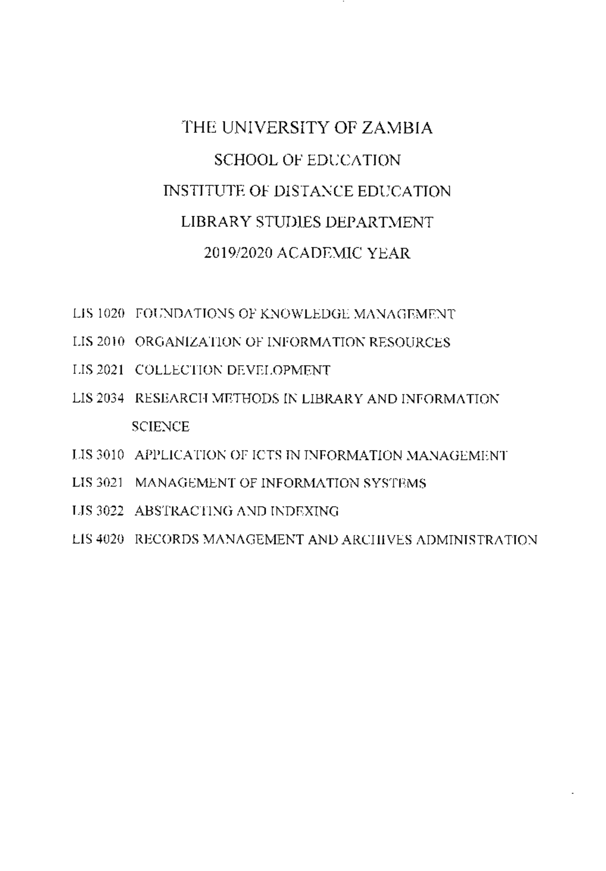 LIS 2019-2020: University of Zambia Distance Education Exam Paper - Studocu