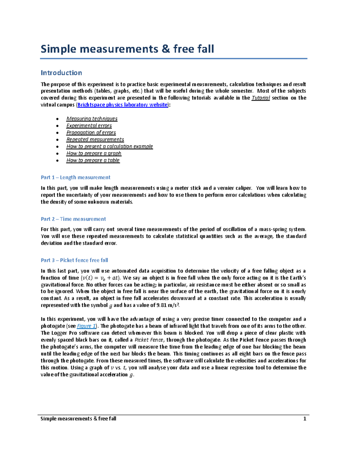 Simple Measurements & Free Fall - PHY 1121 Lab Manual - Studocu