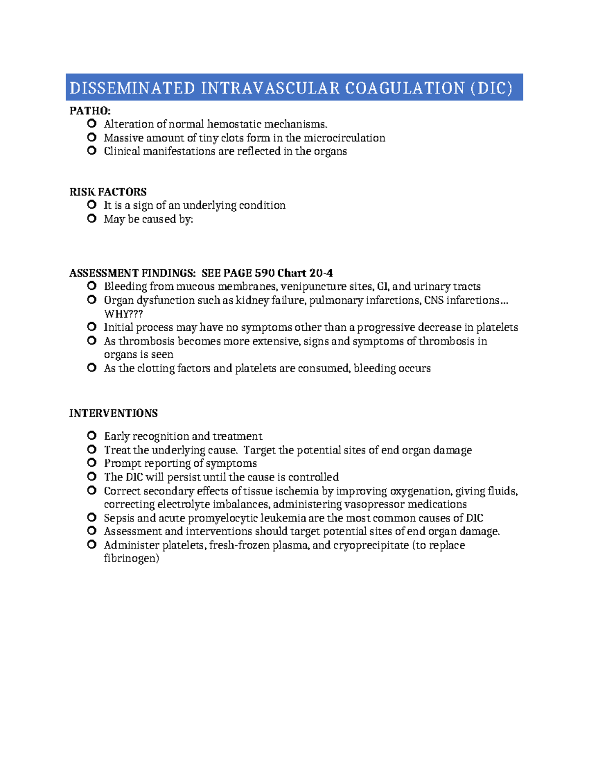 DIC - Key Lecture Notes on Disseminated Intravascular Coagulation - Studocu