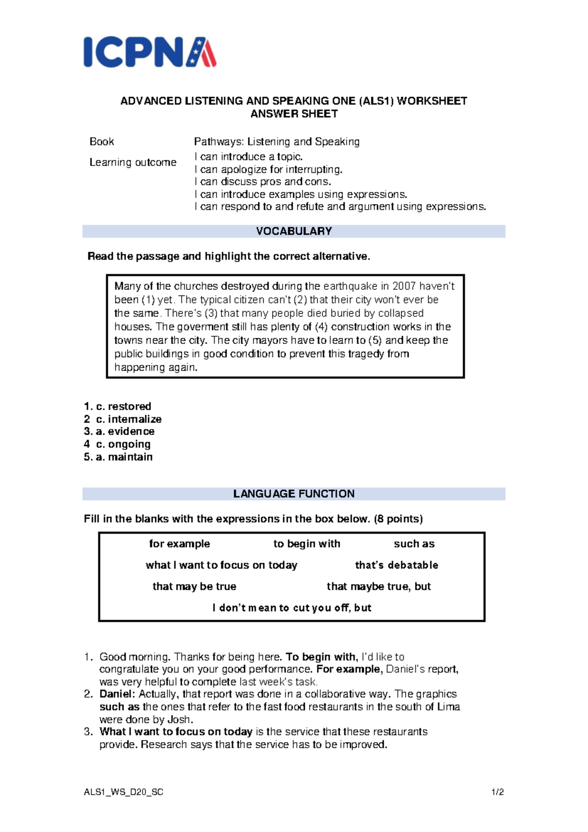 ALS1 WS Answer Key - Advanced Listening and Speaking One - Studocu