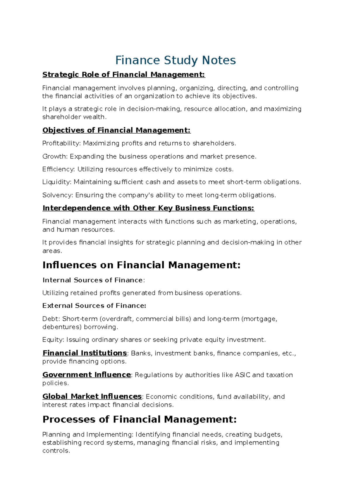 FINC 101: Comprehensive Finance Study Notes for Strategic Management ...