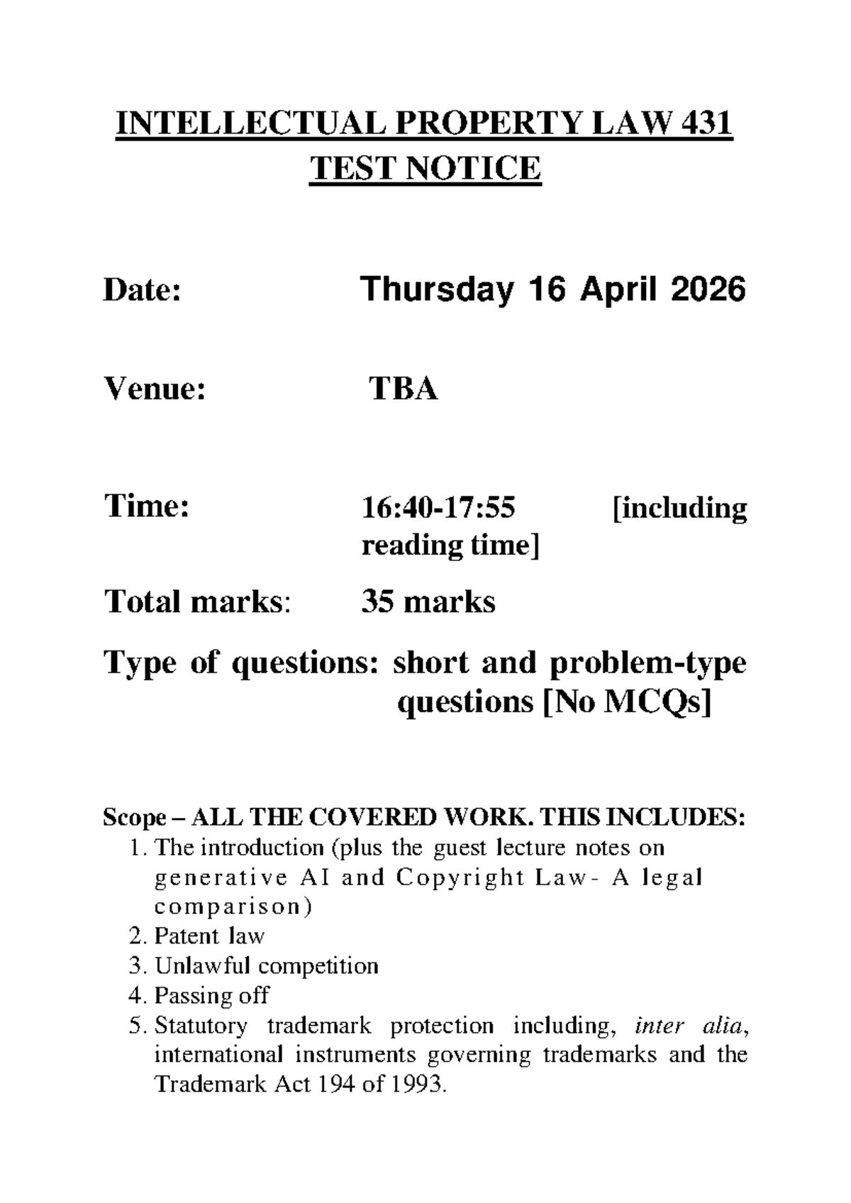 IPL 431 Test 1 Notice - 2026 - INTELLECTUAL PROPERTY LAW 431 TEST ...