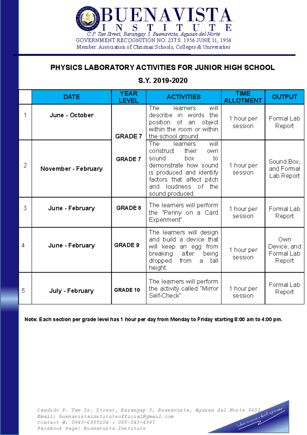 Physics Laboratory Calendar OF Activities - PHYSICS LABORATORY ...