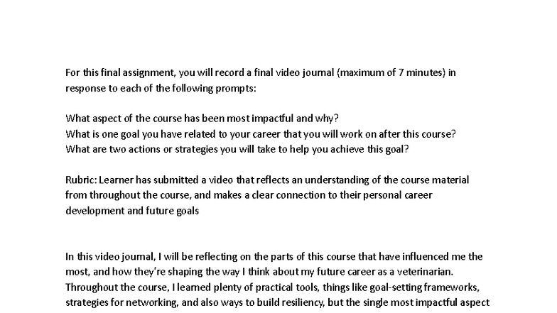 Final Video Reflection: Impactful Course Insights & Career Goals - Studocu