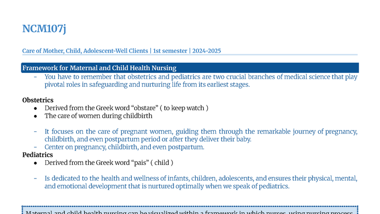 NCM107j - Maternal and Child Health Nursing Framework Overview - Studocu