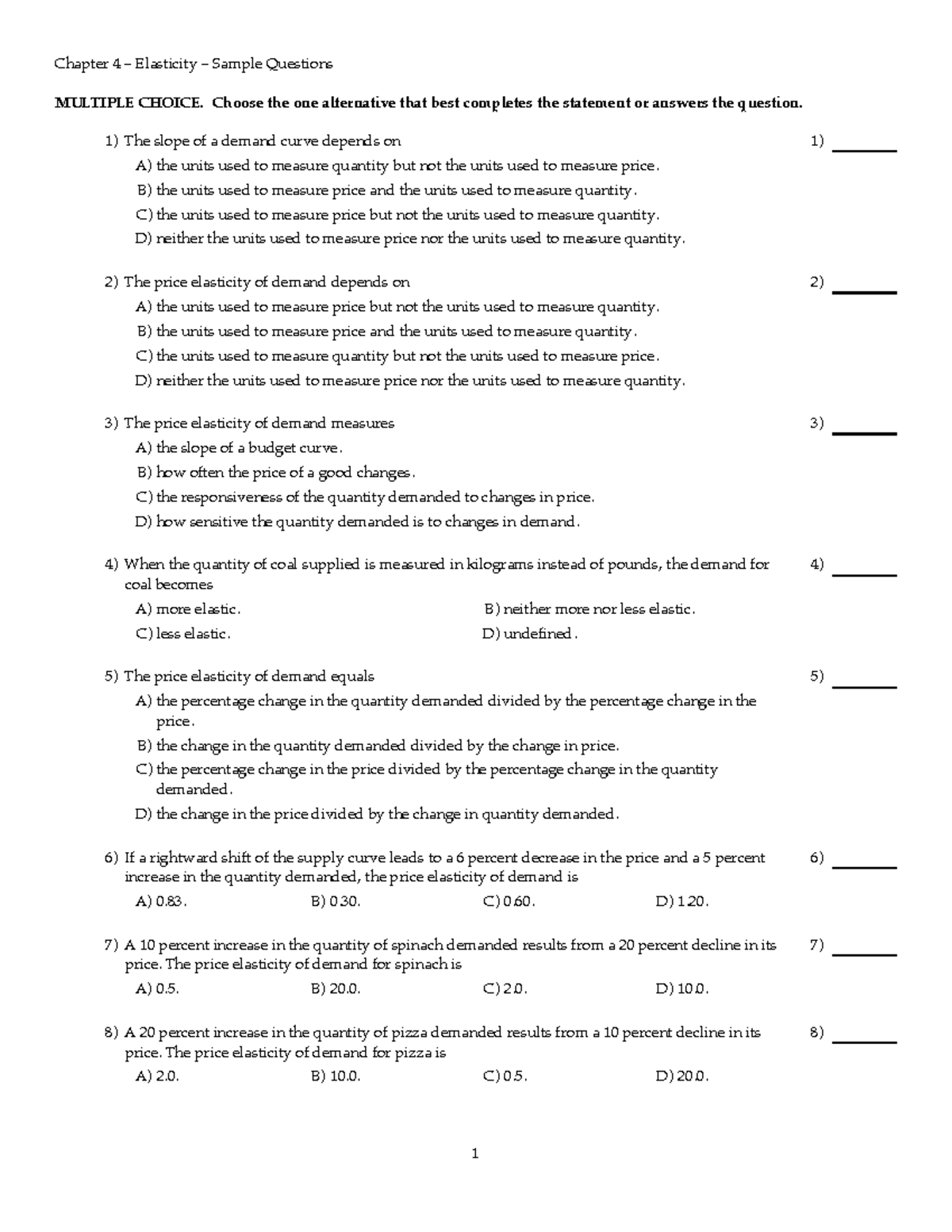 MC Questions on Chapter 4: Elasticity Concepts - ECON 101 - Studocu