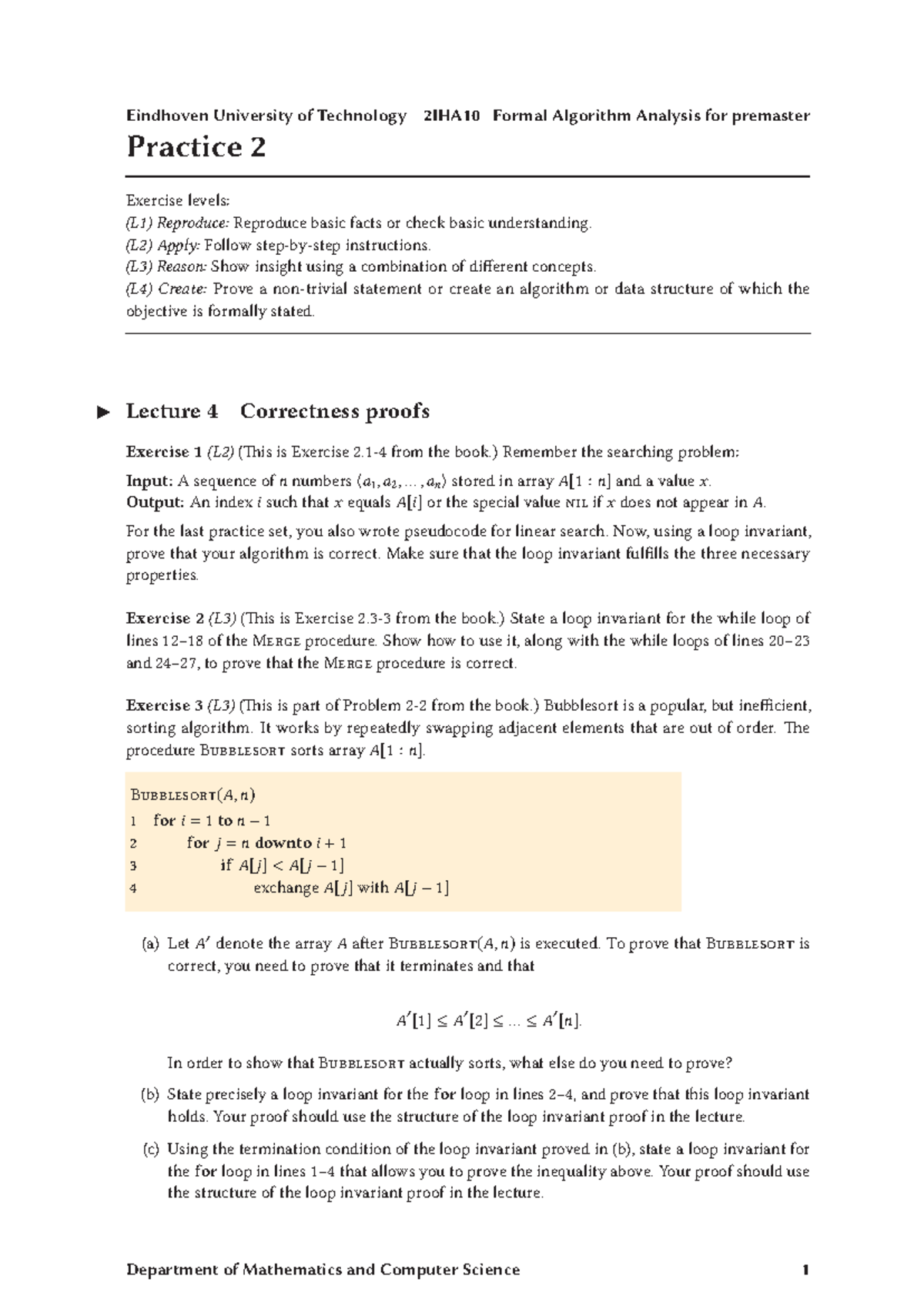 2IHA10 Practice 2 - Formal Algorithm Analysis Exercises and Solutions ...
