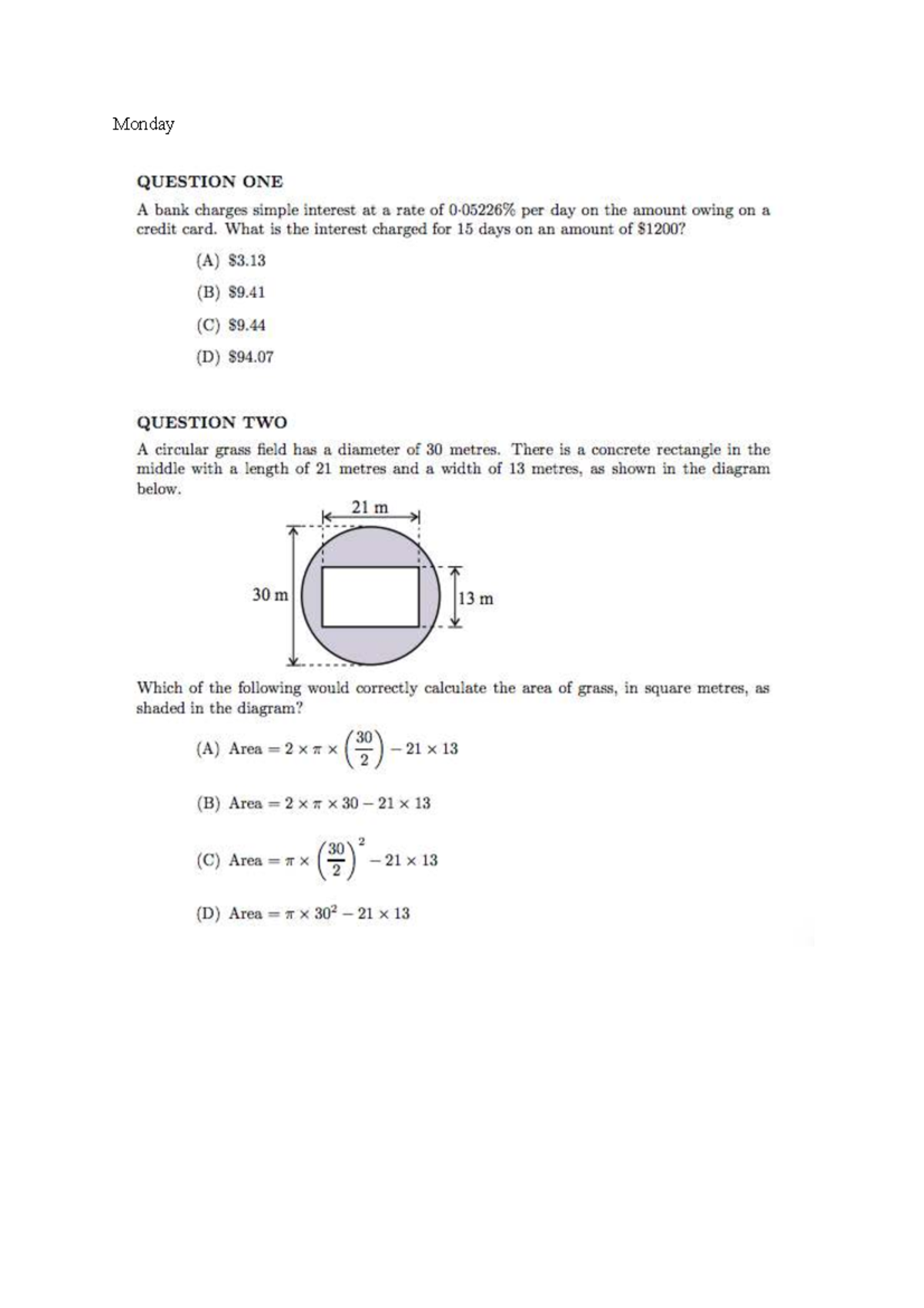 Monday - Practice Questions for Math Concepts - Studocu