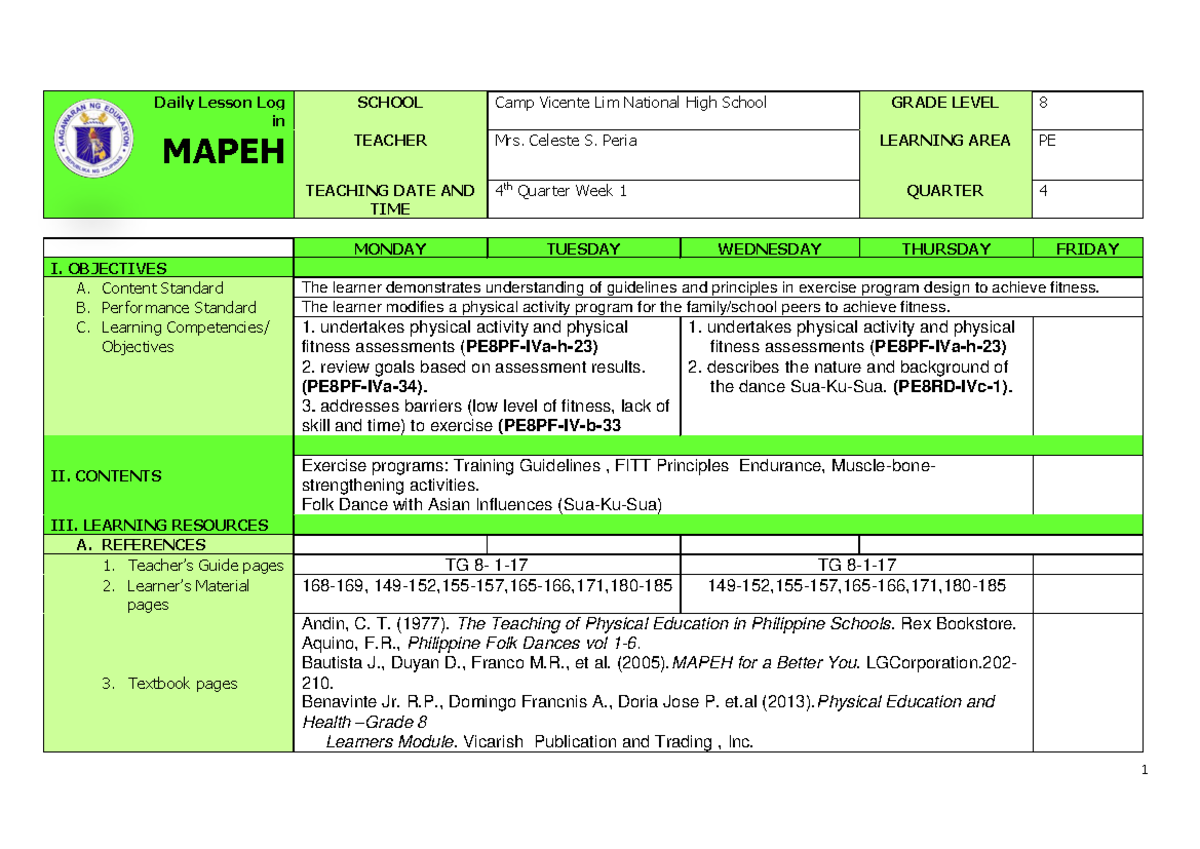 Daily Lesson Log in MAPEH PE 8 - 4th Quarter Week 1 Activities - Studocu
