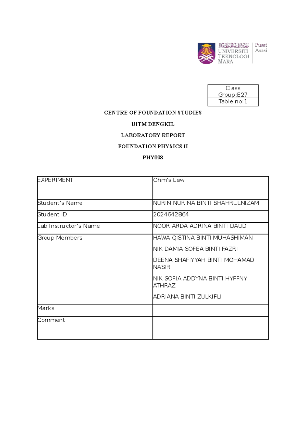 Lab Report: Foundation Physics II PHY098 - Experiment on Resistance Law ...