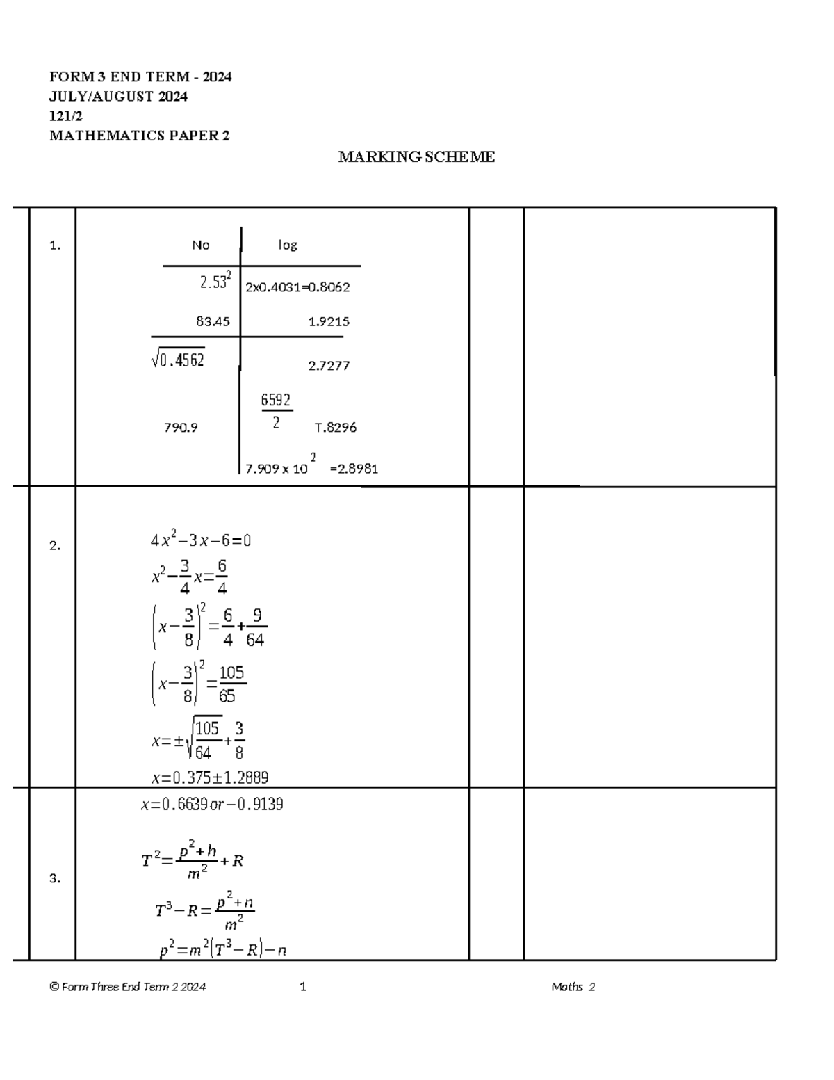 Form 3 End Term 2024 Mathematics Paper 2 Marking Scheme - Studocu