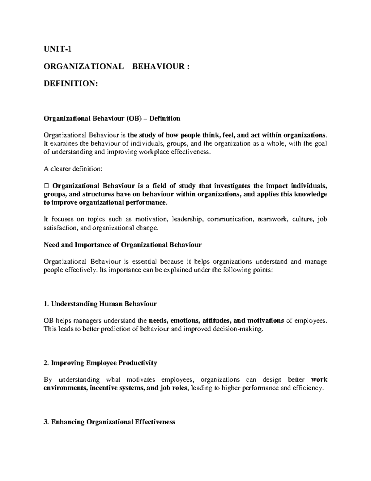 Organizational Behaviour (OB) Unit 1: Key Concepts & Importance - Studocu