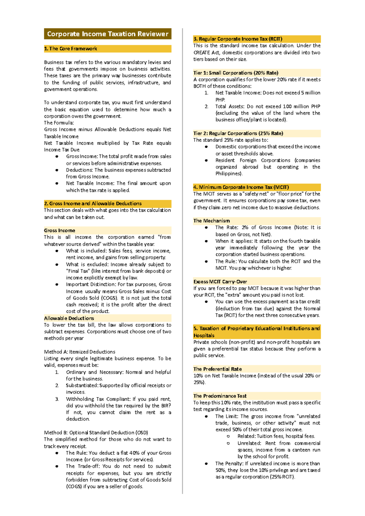 Corporate Income Taxation Reviewer 1: Key Concepts and Framework - Studocu