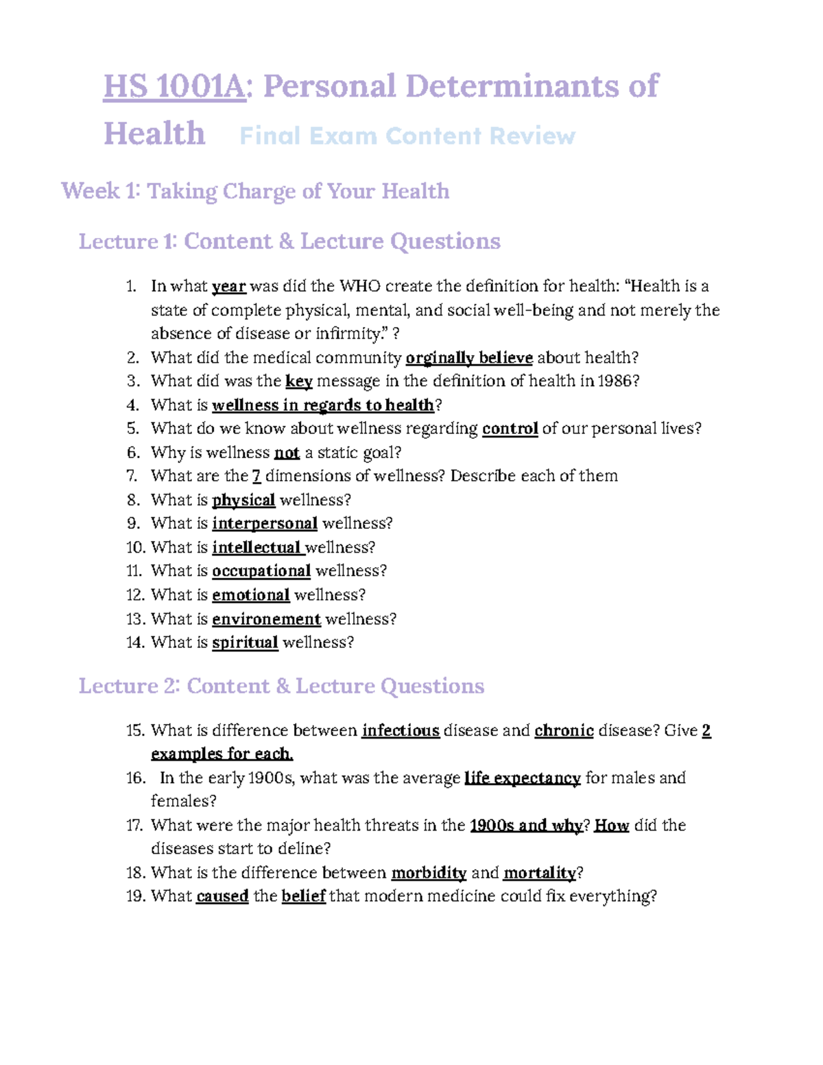 HS 1001A: Personal Determinants of Health Final Exam Study Guide ...