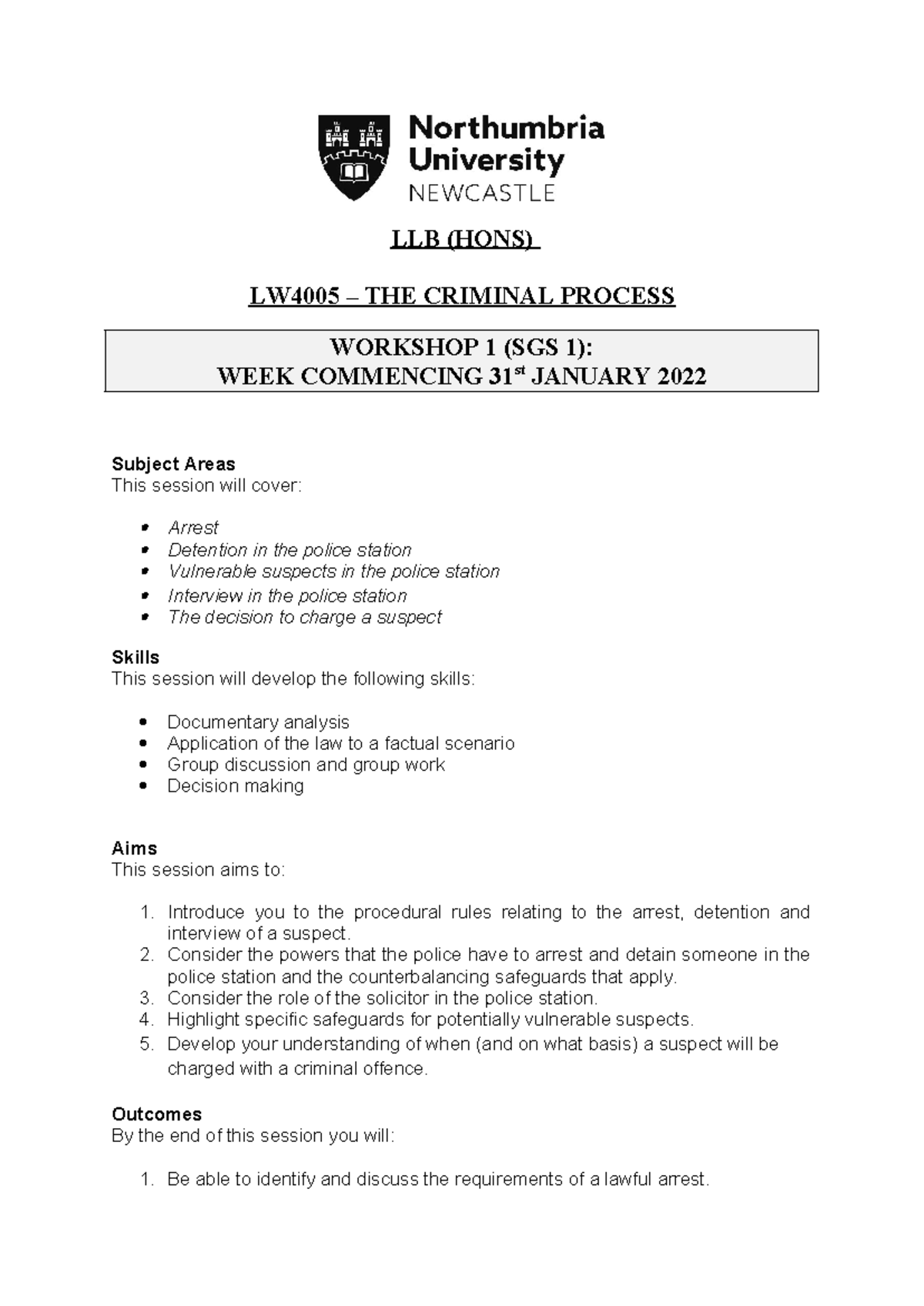 LLB (HONS) LW4005: Workshop 1 - The Criminal Process (Week 1) - Studocu