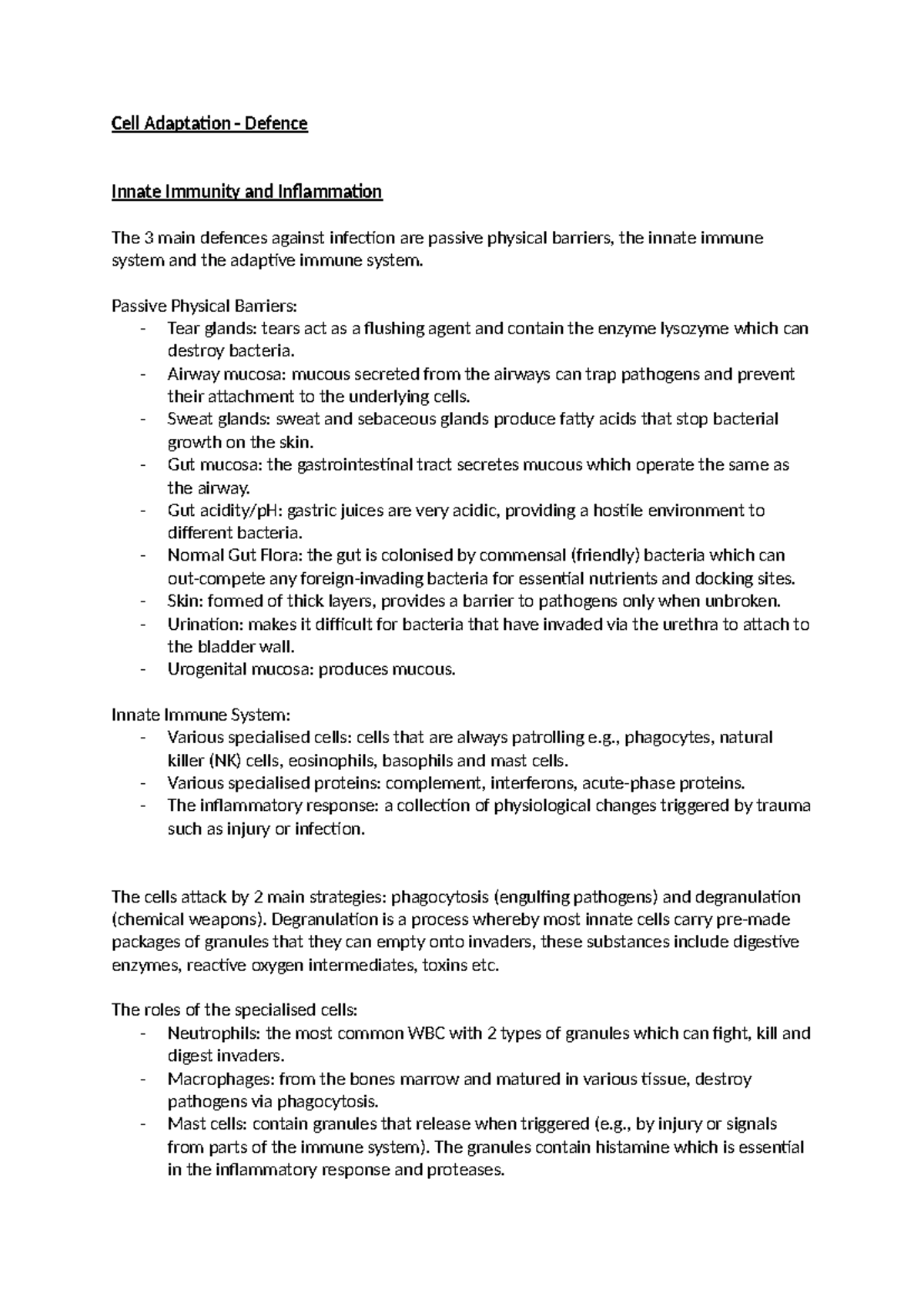 Cell Adaptation- Defence - Cell Adaptation - Defence Innate Immunity ...