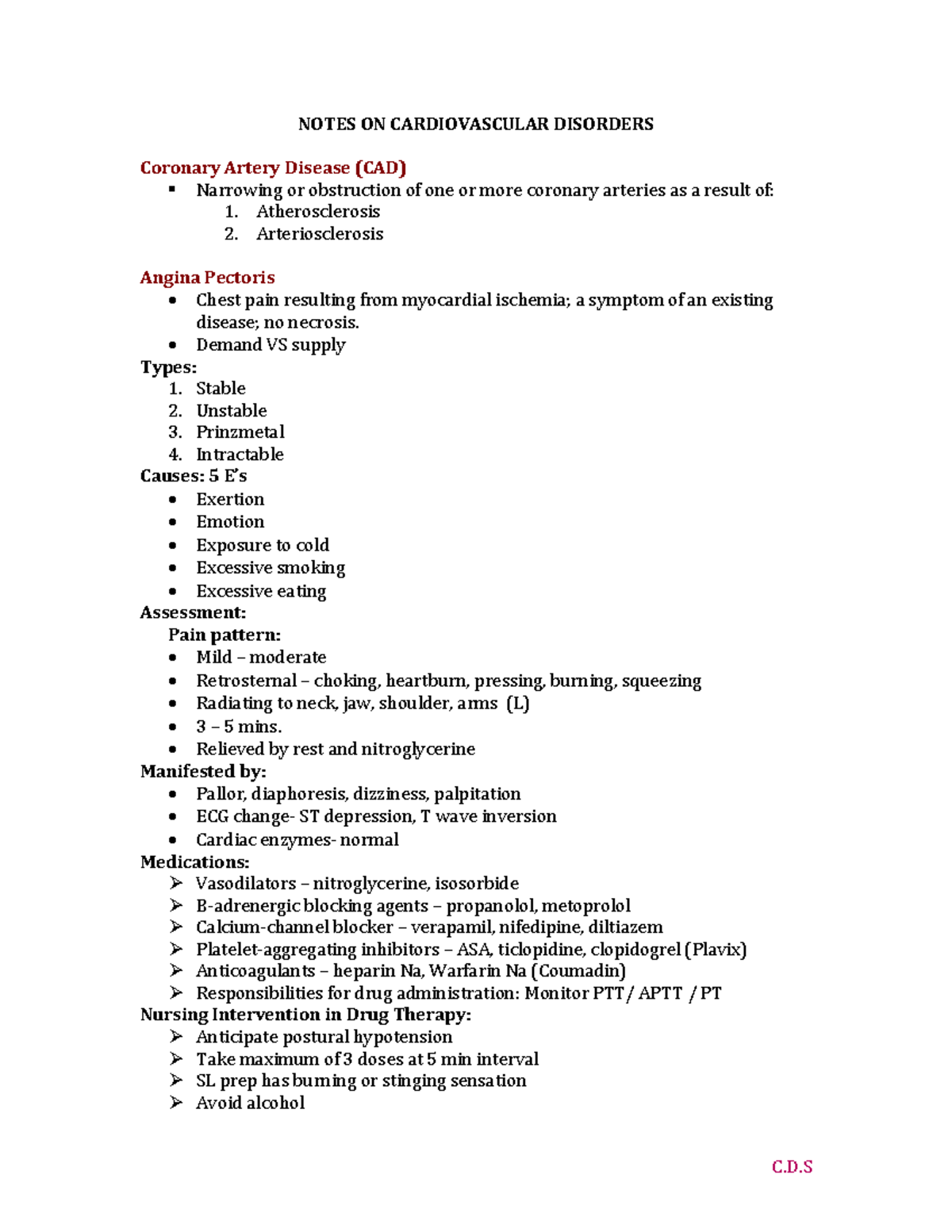 MS 1 Cardiovascular Disorders: Key Notes on CAD and Related Conditions ...