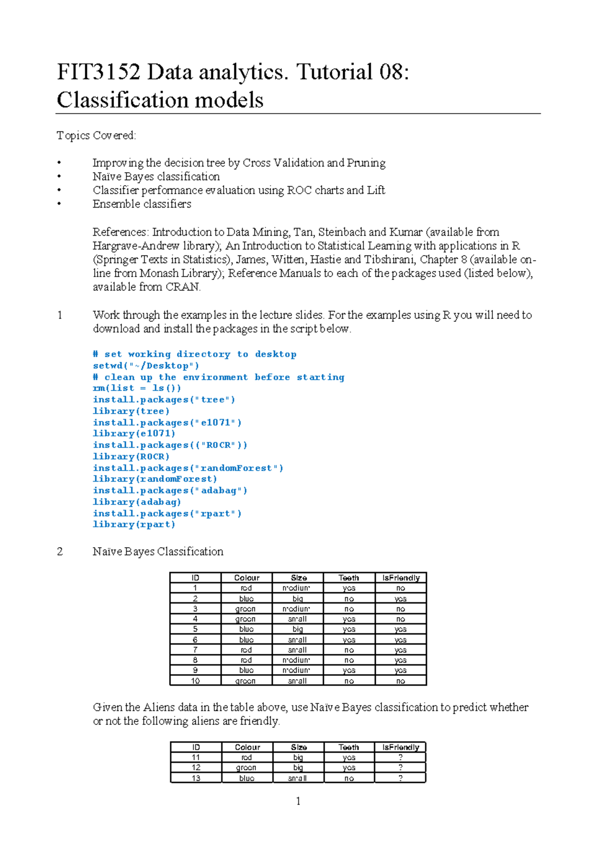 FIT3152 Tutorial 08 Solutions: Classification Models Overview - Studocu