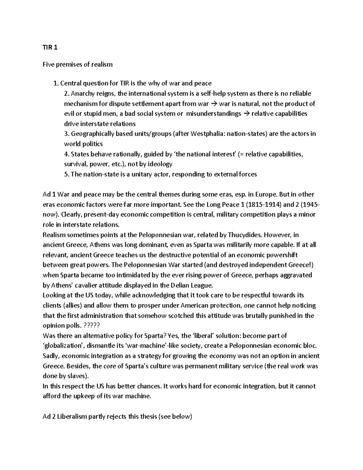 Summary of Theories in International Relations (TIR 1,2,3,5,6 ...