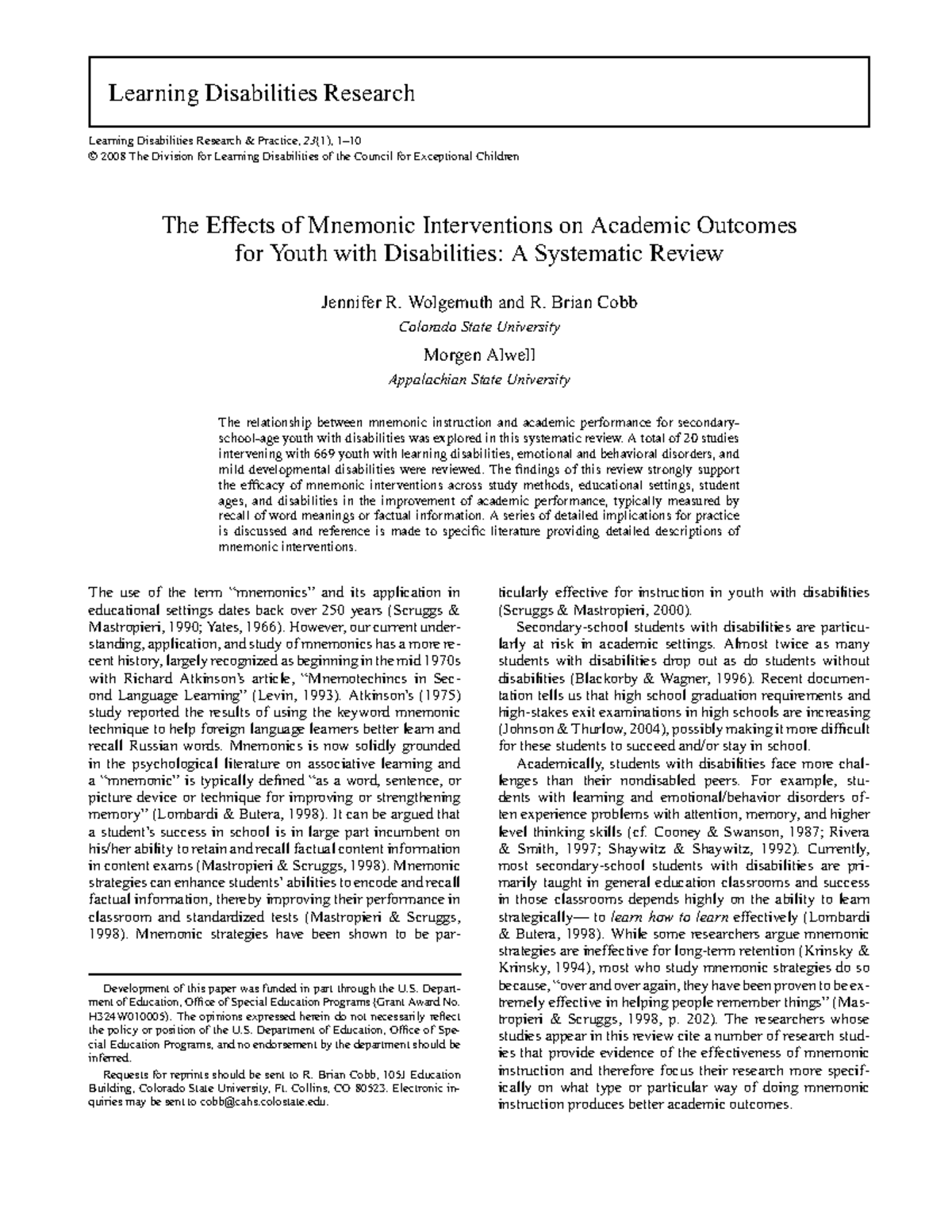 Mnemonic Interventions and Academic Outcomes for Youth with ...