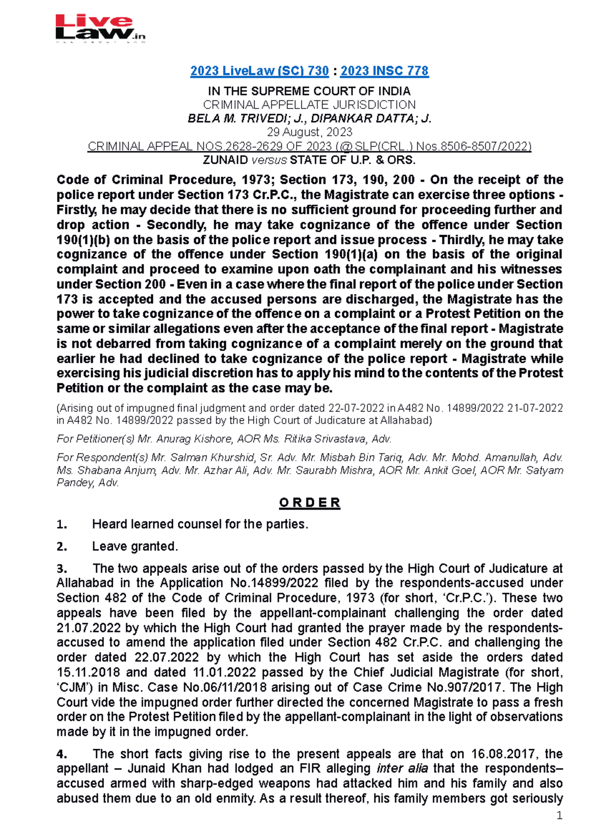 2023 Criminal Appeal SLP(CRL) Zunaid v. State of U.P. - SC Judgment ...