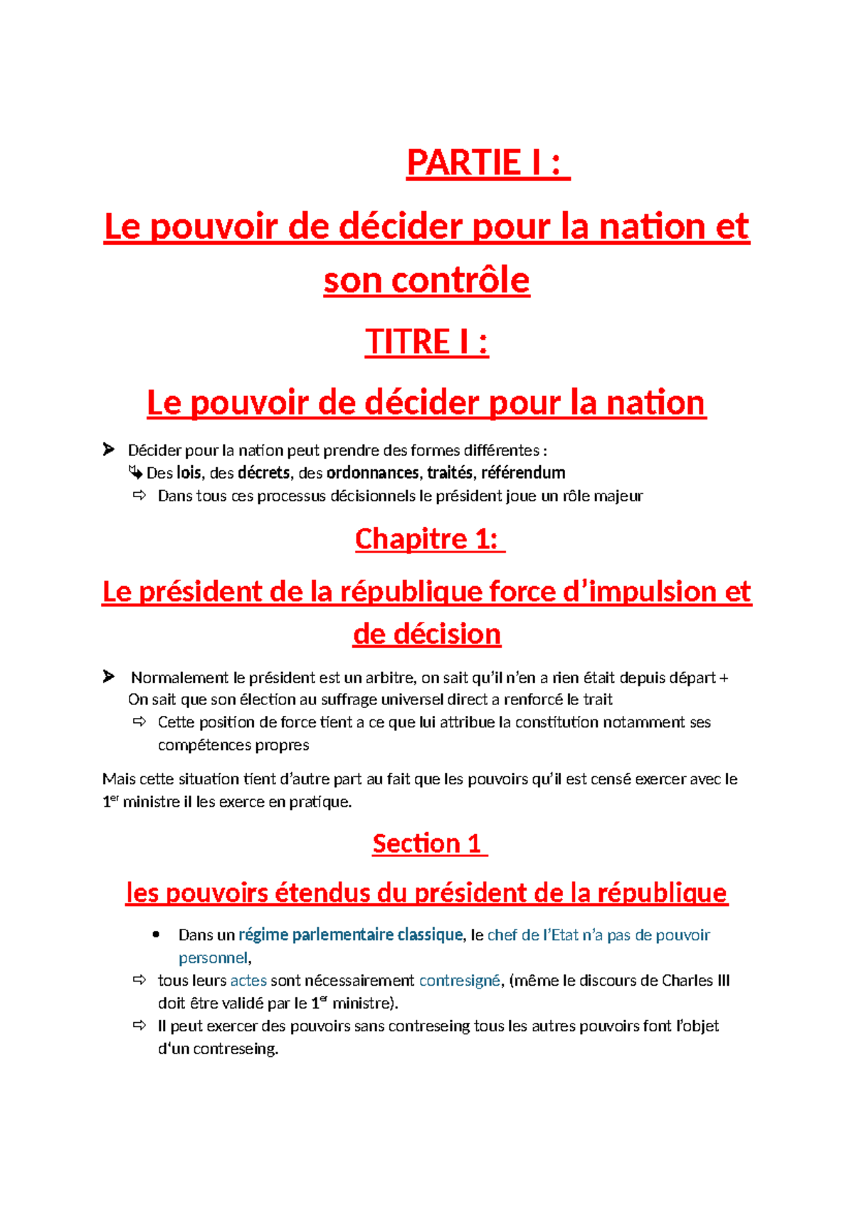 PARTIE I : Le Pouvoir Présidentiel et son Contrôle - Notes de Cours ...