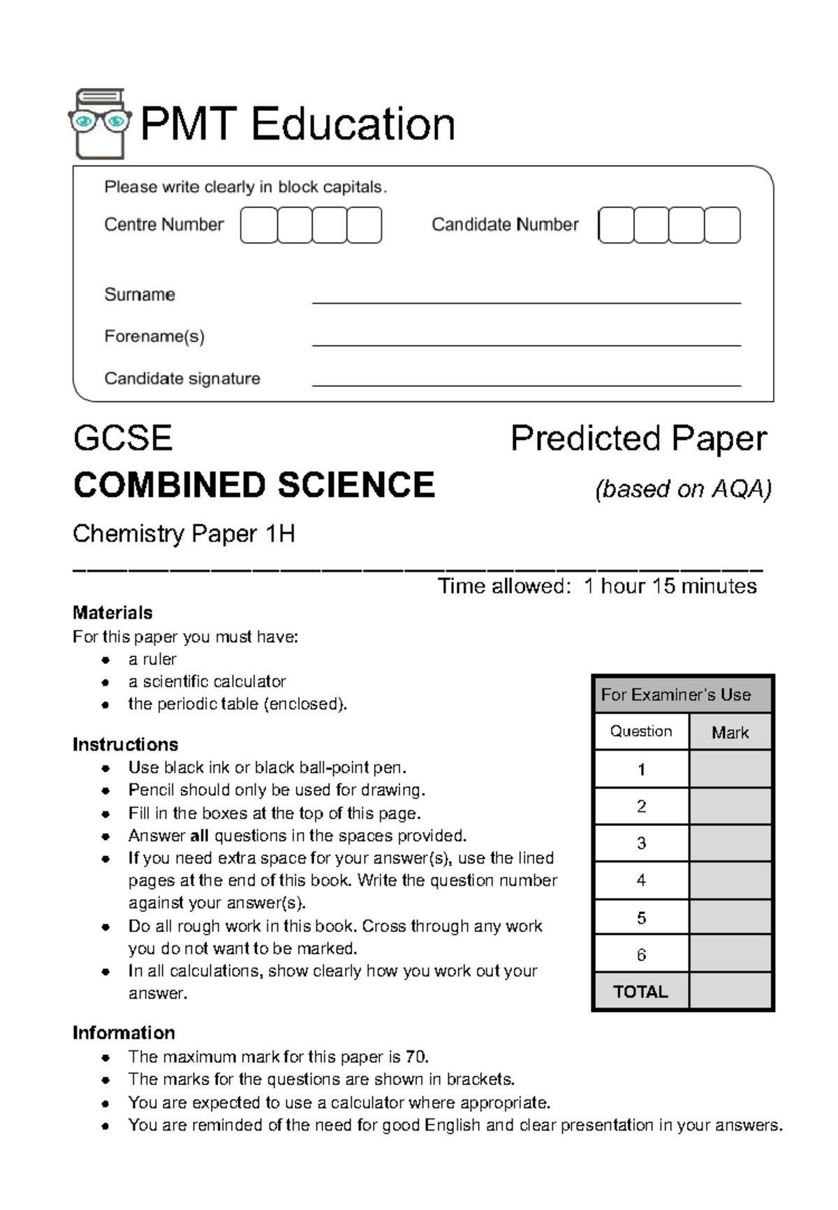 Paper 1H QP - PMT Predicted GCSE Combined Science Chemistry 2026 - Studocu