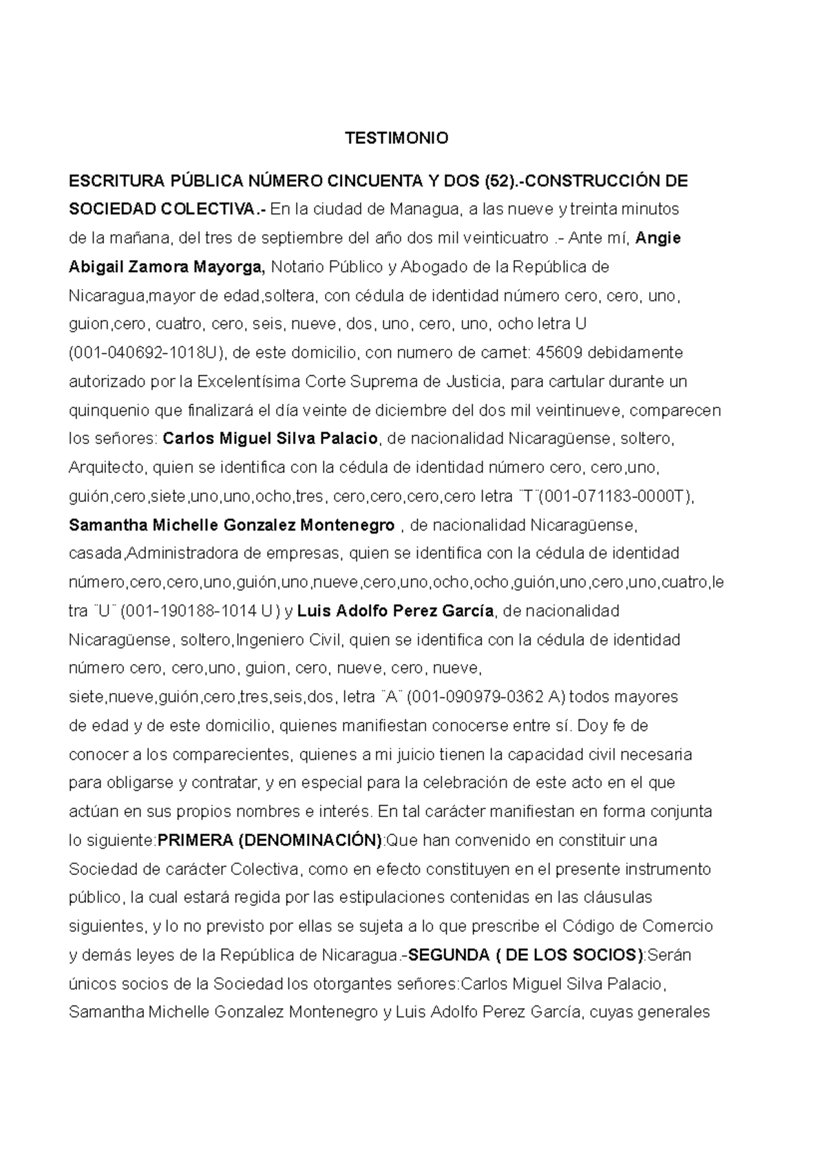Testimonio de Escritura Pública N° 52 de Sociedad Colectiva - Document Preview